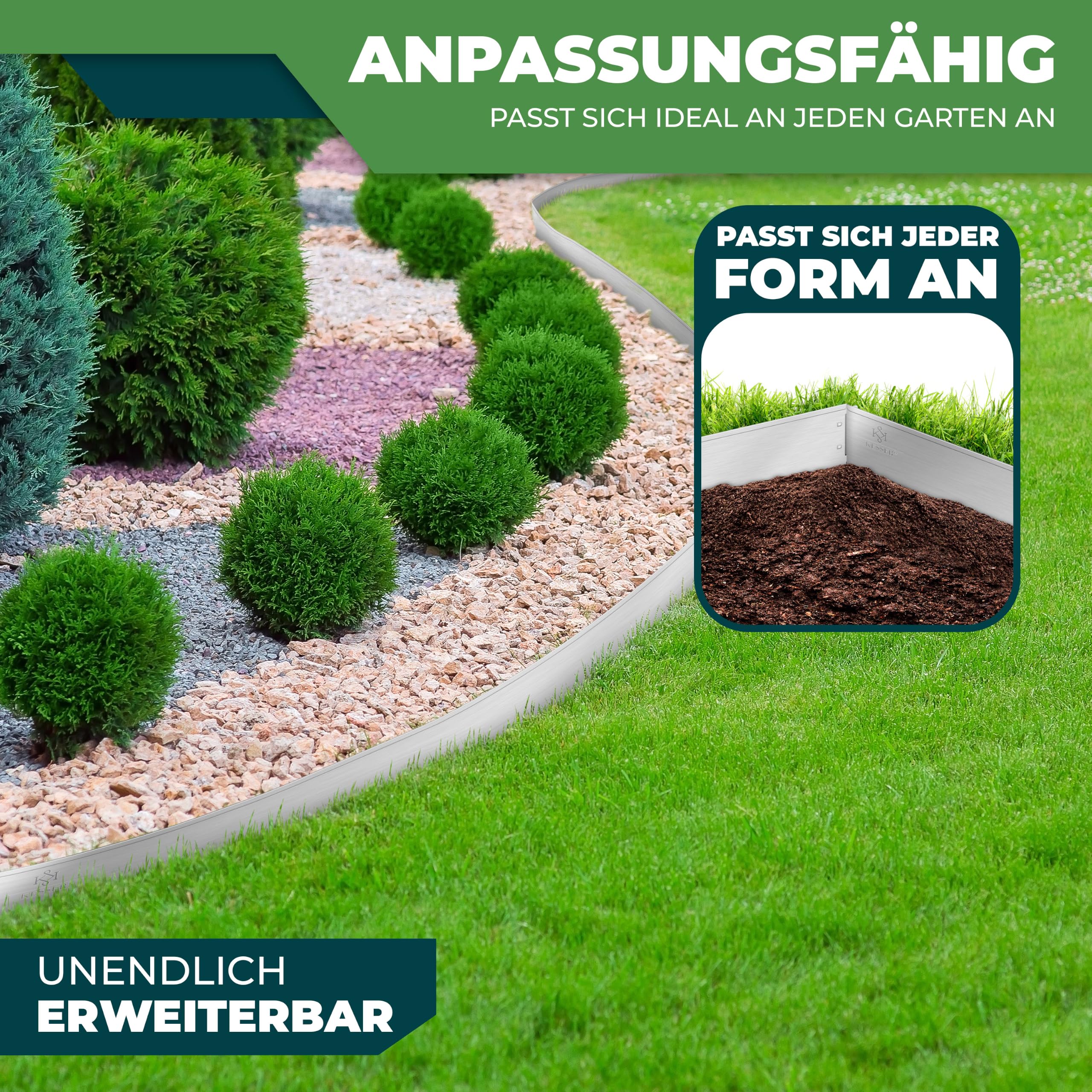 KESSER® Rasenkante Beeteinfassung Beetumrandung 5m 100x14cm Beetbegrenzung Rasenbleche Mähkante Metall Palisade Silber