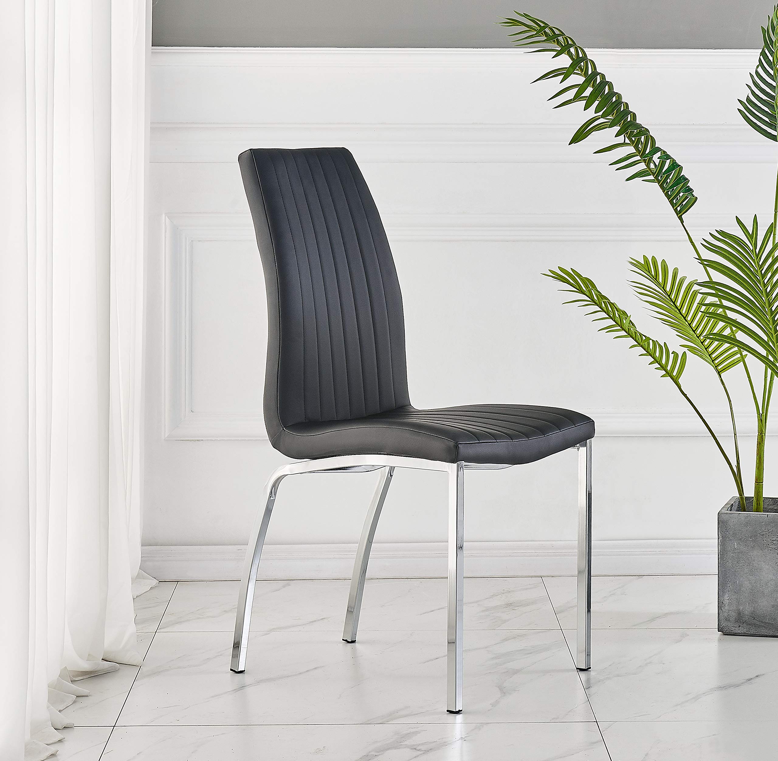 FURNIZONE SET OF 2 MODALUX DINING CHAIRS FAUX LEATHER WITH CHROME METAL LEGS (Black)