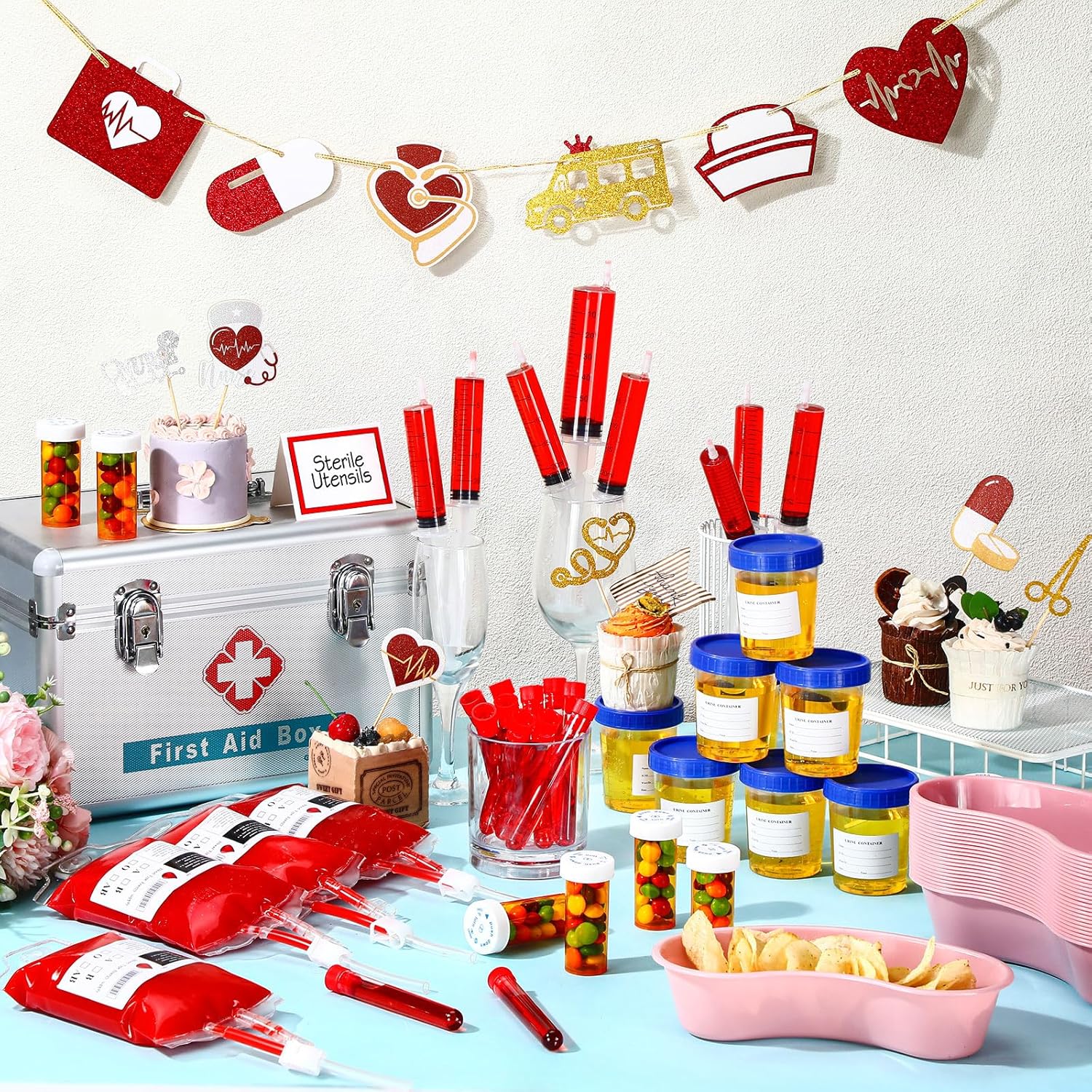 197 Pcs Nursing Graduation Party Supplies Set Iv Blood Bags for Drinks Urine Cups Plastic Syringe Nurse Theme Banner for Nurse Party Favors Congrats Grad Party Decorations Serve 25