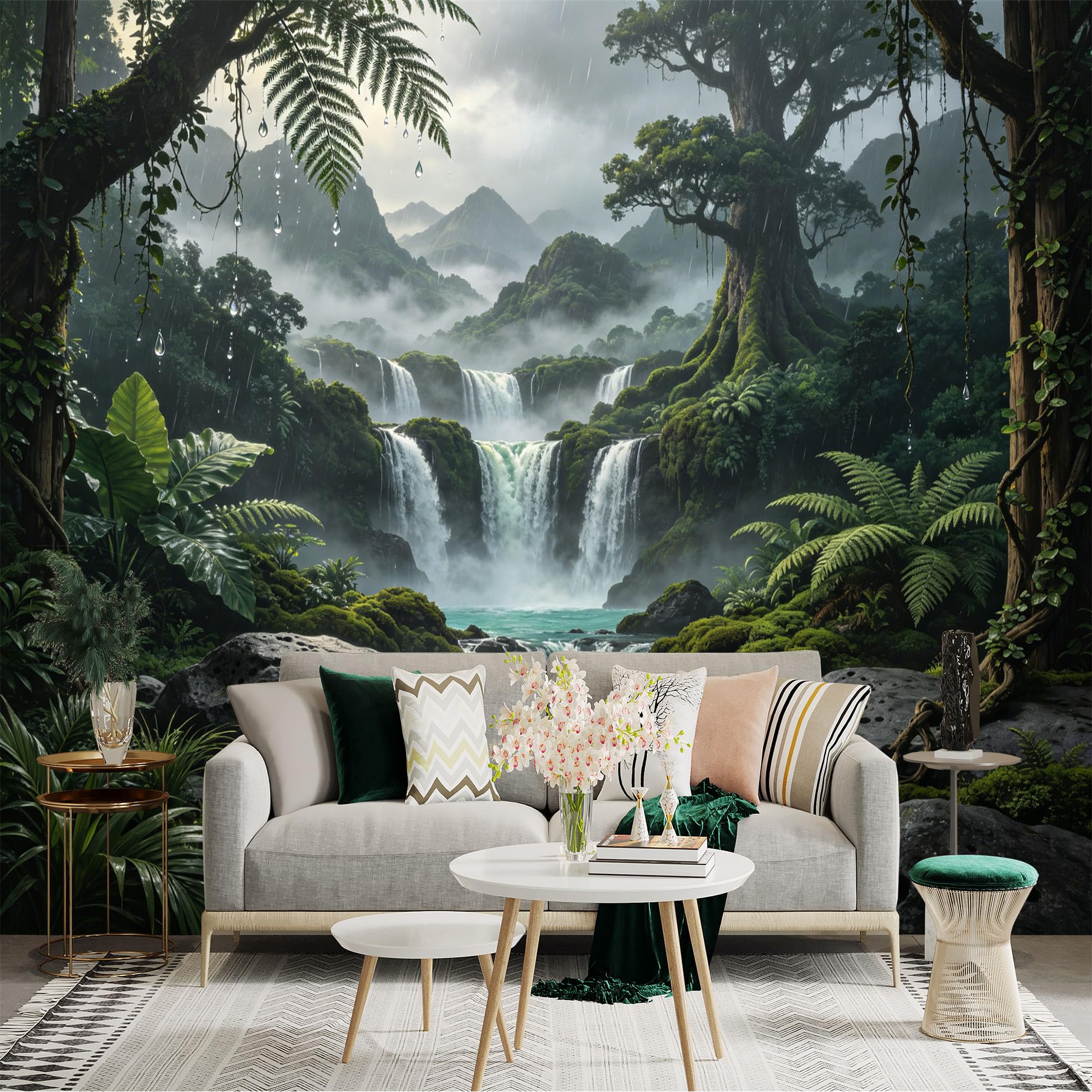 Custom Size Wall Sticker Mural， Tropical Rainforest with Waterfalls， Misty Mountains and Lush Green Trees， for wall Decoration， peelandstick wall Decals.