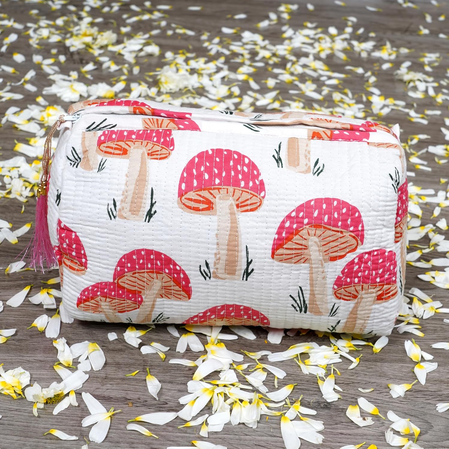 INDACORIFY Set of 3 Pieces Indian 100% Cotton Pouch Bag, Printed Soft Fabric Toiletry Bag, Quilted Travel Wash Makeup Pouch Set Bag