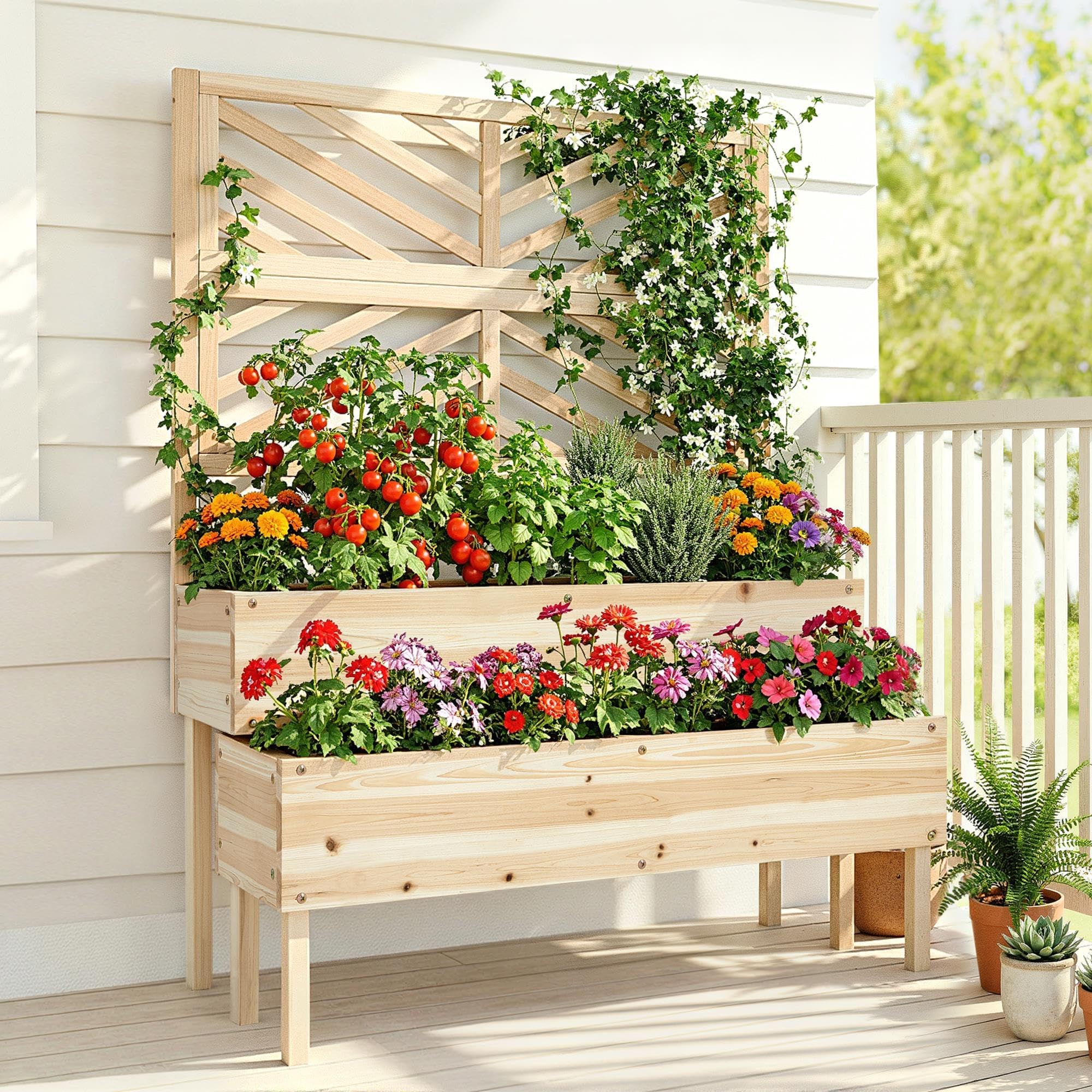 – Yaheetech 2-Tier Solid Fir Wood Raised Garden Bed with Trellis for Climbing Plants, Self-Draining Planter with Drainage Holes for Garden, Porch, Balcony, Lawn, Patio Wood