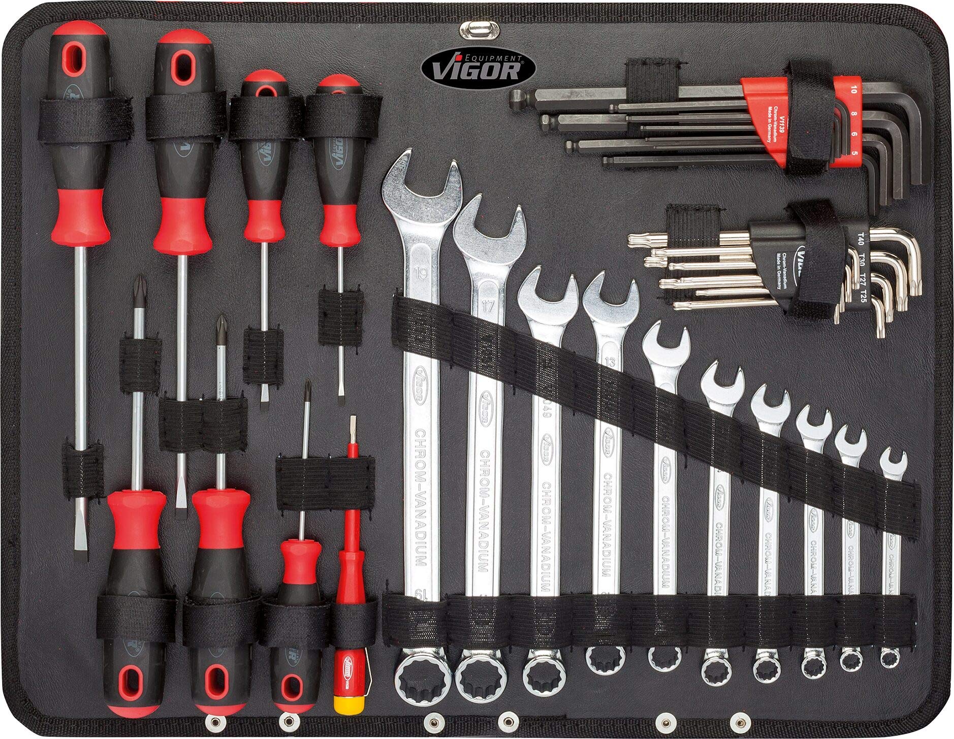 Valigetta portautensili ViGOR V2542 | 143 pezzi, completa di chiavi a bussola e combinate con molti profili di inserimento, incluso set di punte, martello e pinze'.