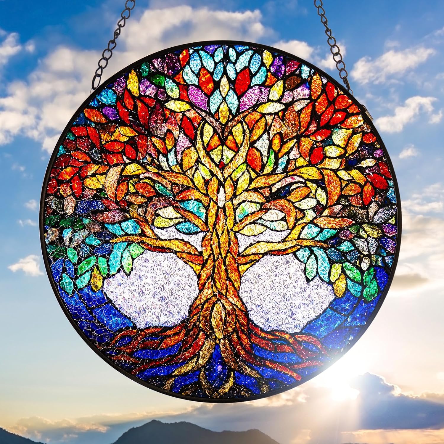 Double Sided Tree of Life Stained Glass Window Hanging, 7.9" Sun Catcher Panel, Green Plant Wall Art for Home & Garden, Unique Gift for Women & Men