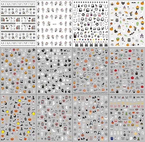 Miniatura 2 de JMEOWIO 12 hojas de calcomanías de arte de uñas de Halloween, calcomanías autoadhesivas, uñas lindas de calavera fantasma, fantasma, suministros de