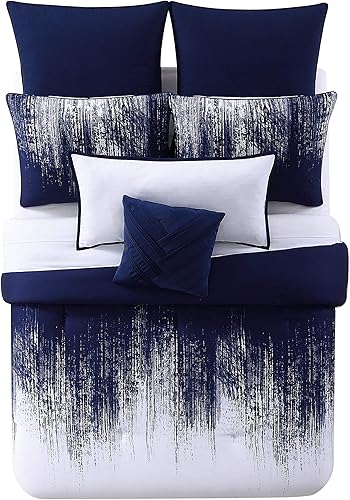 Miniatura 3 de Vince Camuto - Juego de edredón y funda de almohada Queen - Patrón abstracto de pinceladas - Colección Lyon - AzulBlanco FullQueen
