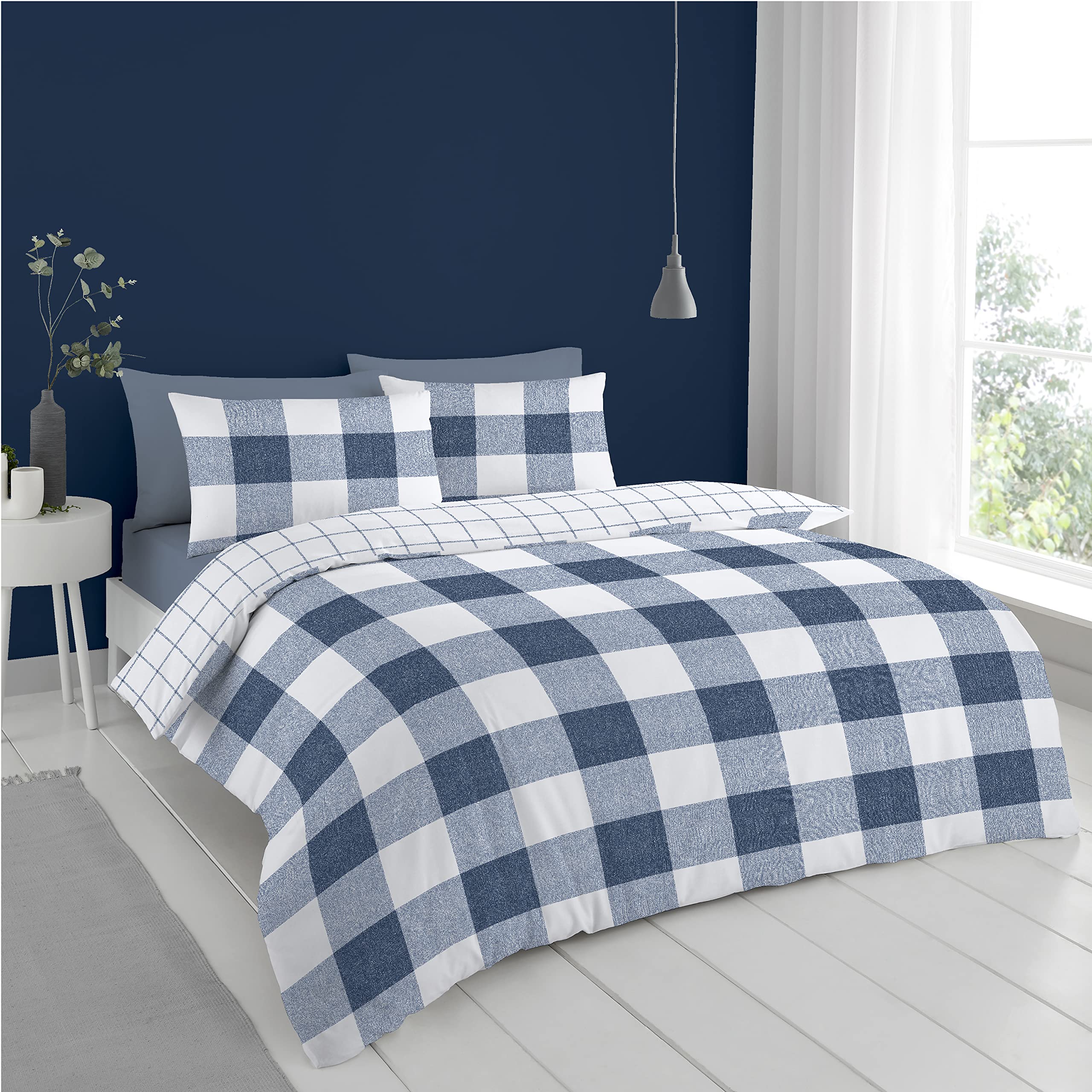 Cloud Soft Bold Check Double Bedding Duvet Cover Set With Pillowcases Blue Double Duvet Set