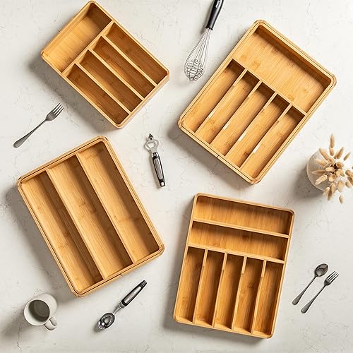 Miniatura 7 de SMIRLY Organizador de cubiertos de bambú para cajón, organizador de cajones de cocina, organizador de utensilios de cocina para cajones de cocina,