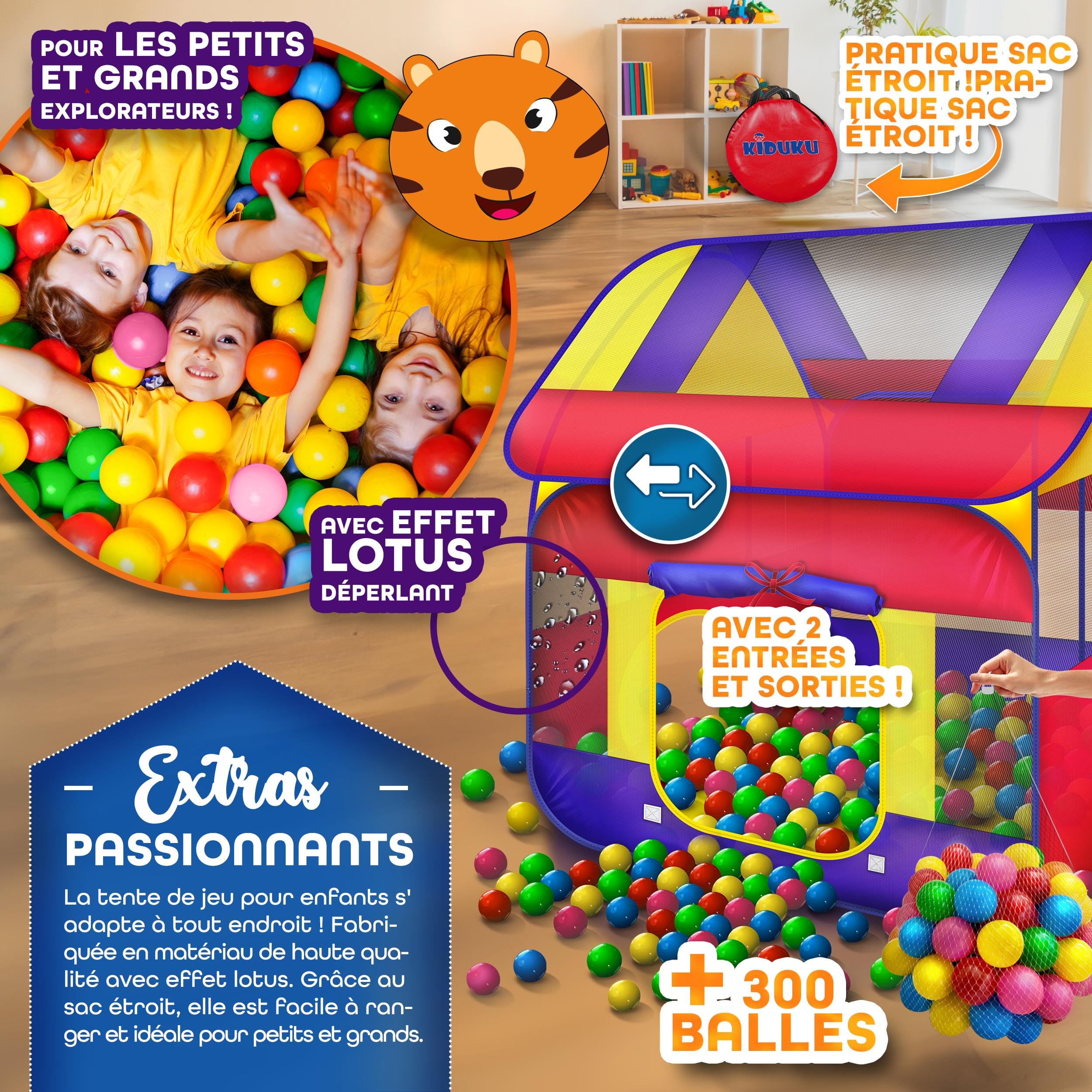 KIDUKU Tente de Jeu XXL Pop Up avec 300 Balles et Étui de Transport