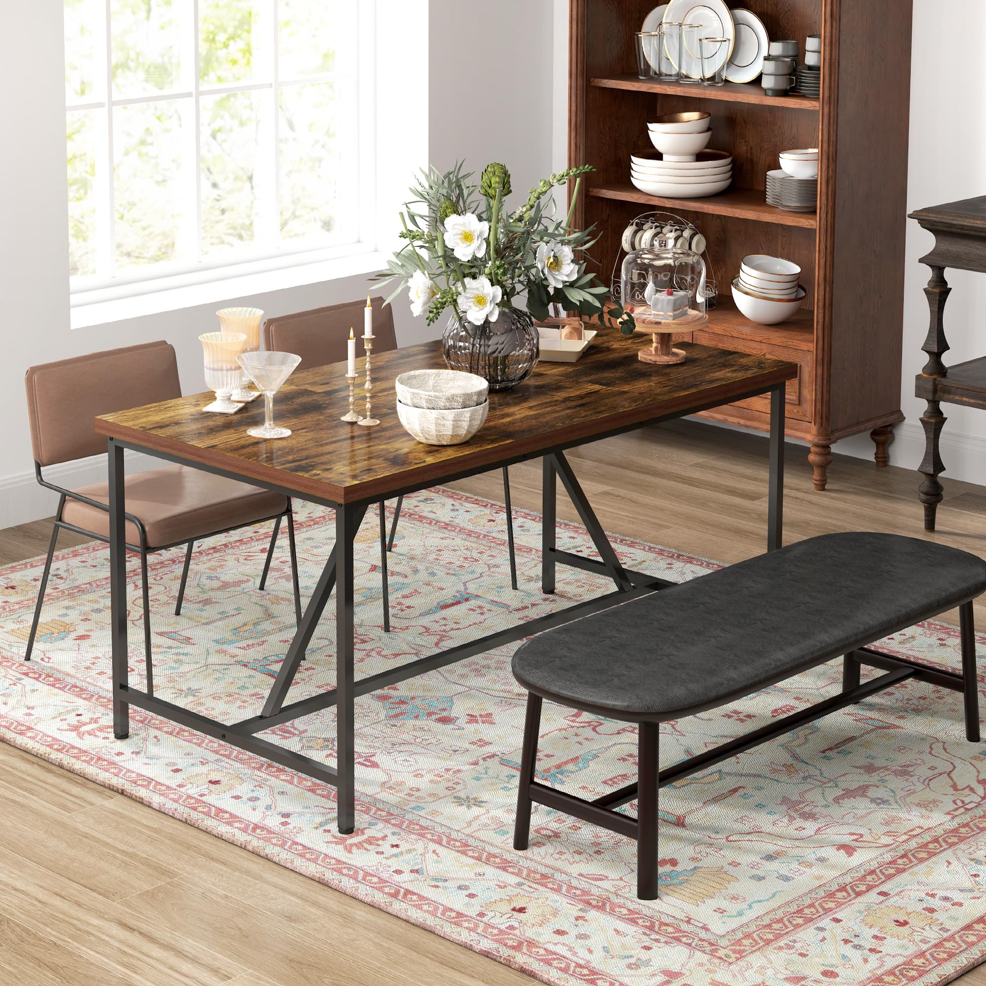 HOMCOM Mesa Rectangular para 6 Personas 150x80x75 cm Marrón | Mesa de cocina, Estilo industrial, Patas ajustables, Madera y acero, para comedor, sala de estar, estudio
