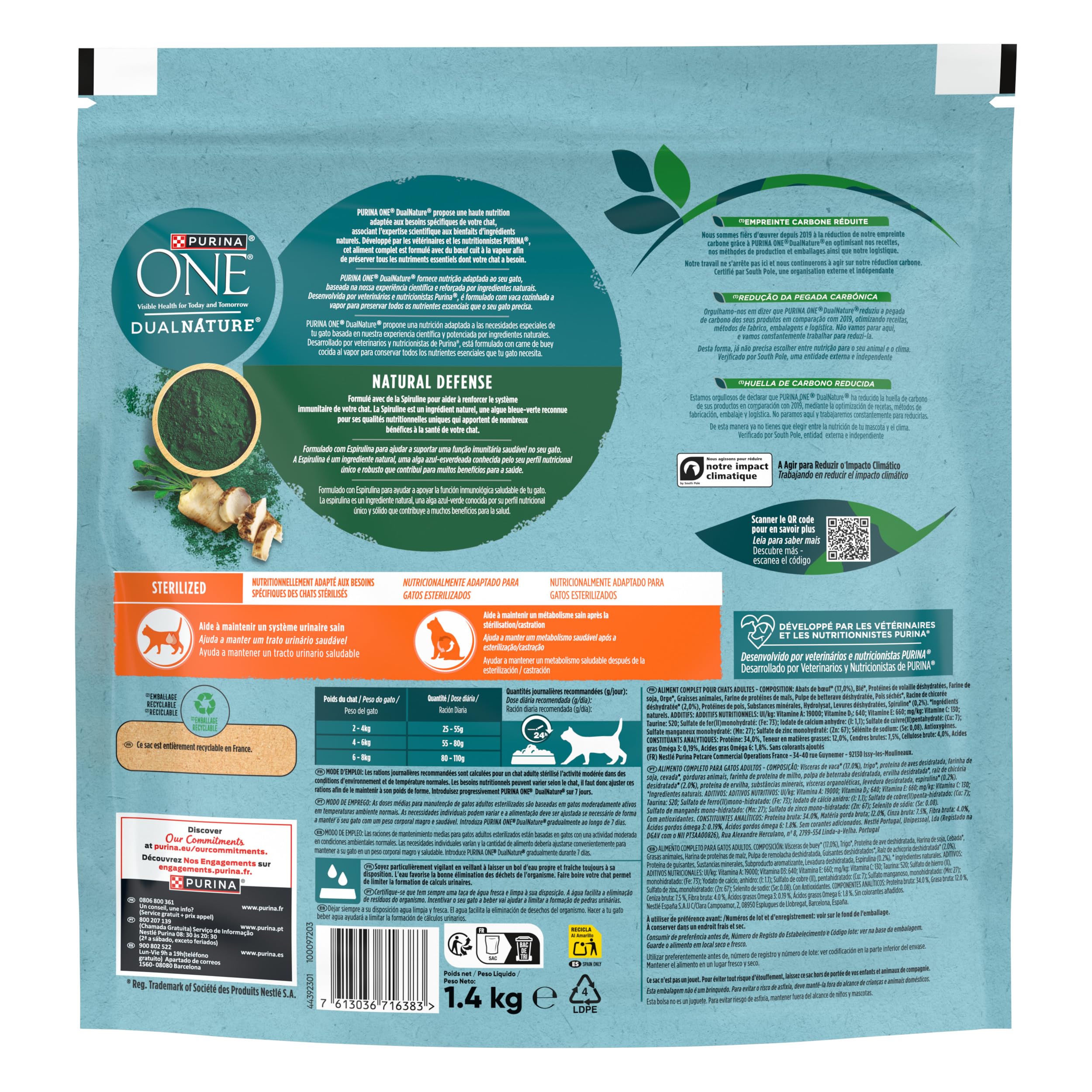 PURINA ONE DualNature Natural Defense Karma z wołowiną dla dorosłych kotów sterylizowanych | Torba 1,4 kg