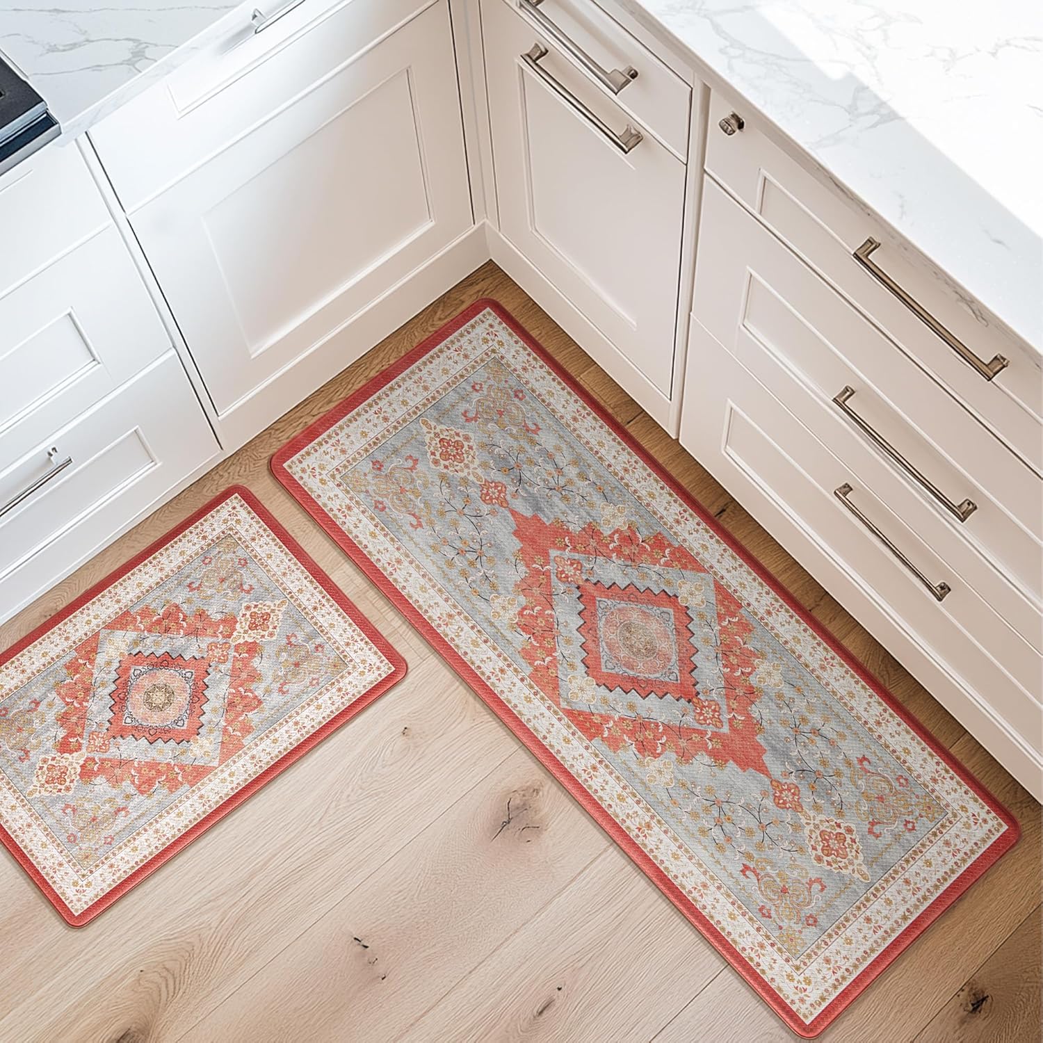 KOKHUB Kitchen Mat,2 Piece Set,1/2 Inch Thick Cushioned Anti Fatigue Waterproof Kitchen Rug, Comfort Standing Desk Mat, Kitchen Floor Mat Non-Skid & Washable for Home, 17.3"x28"+17.3"x47.2"- Boho red