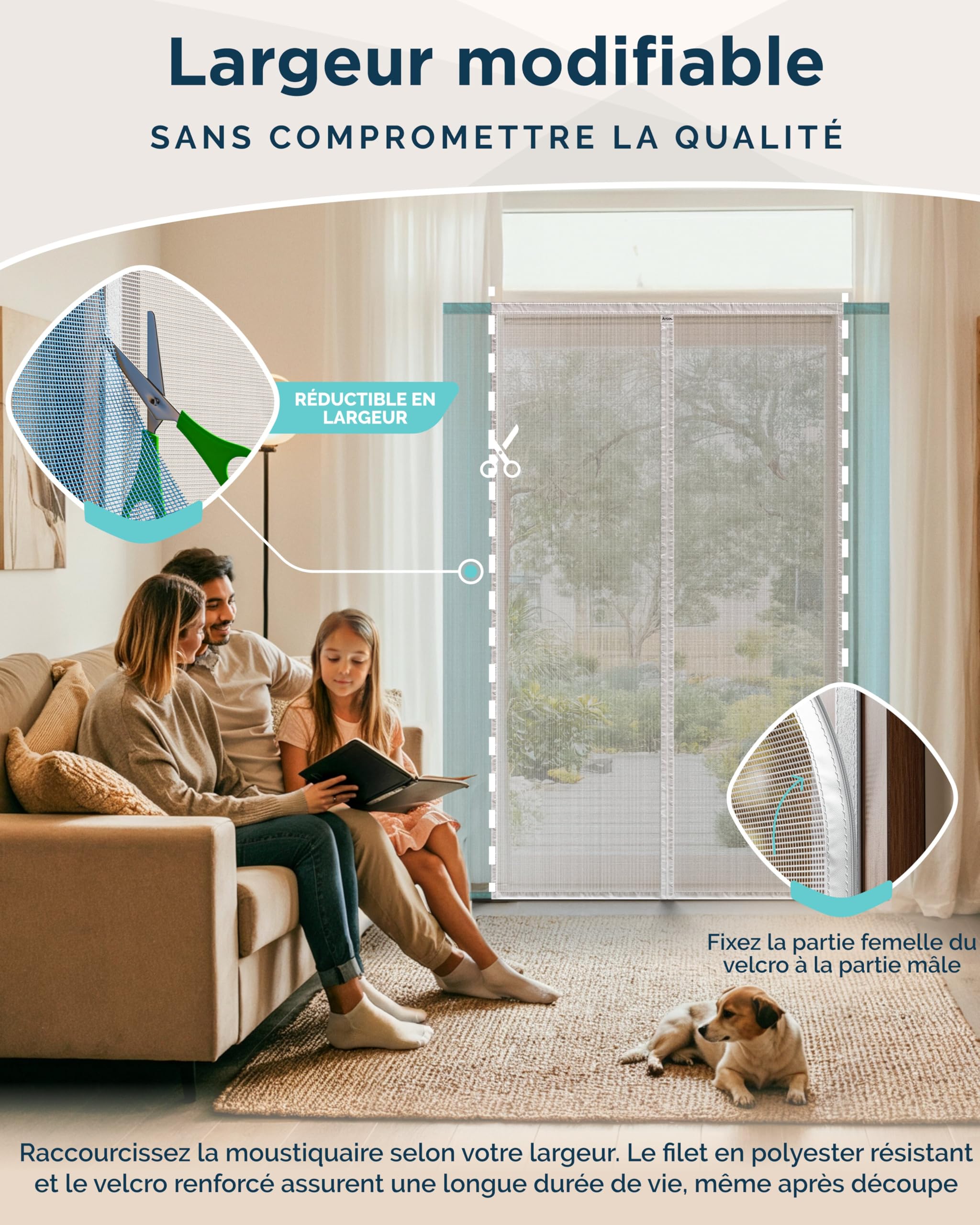 ARCOL Moustiquaire Magnétique pour Portes 155x220 cm Réglable en Largeur – Rideau Moustiquaire Porte Fenêtre avec Bandes Velcro, Moustiquaire Magnétique Porte Fenêtre Raccourcissable (Blanc)