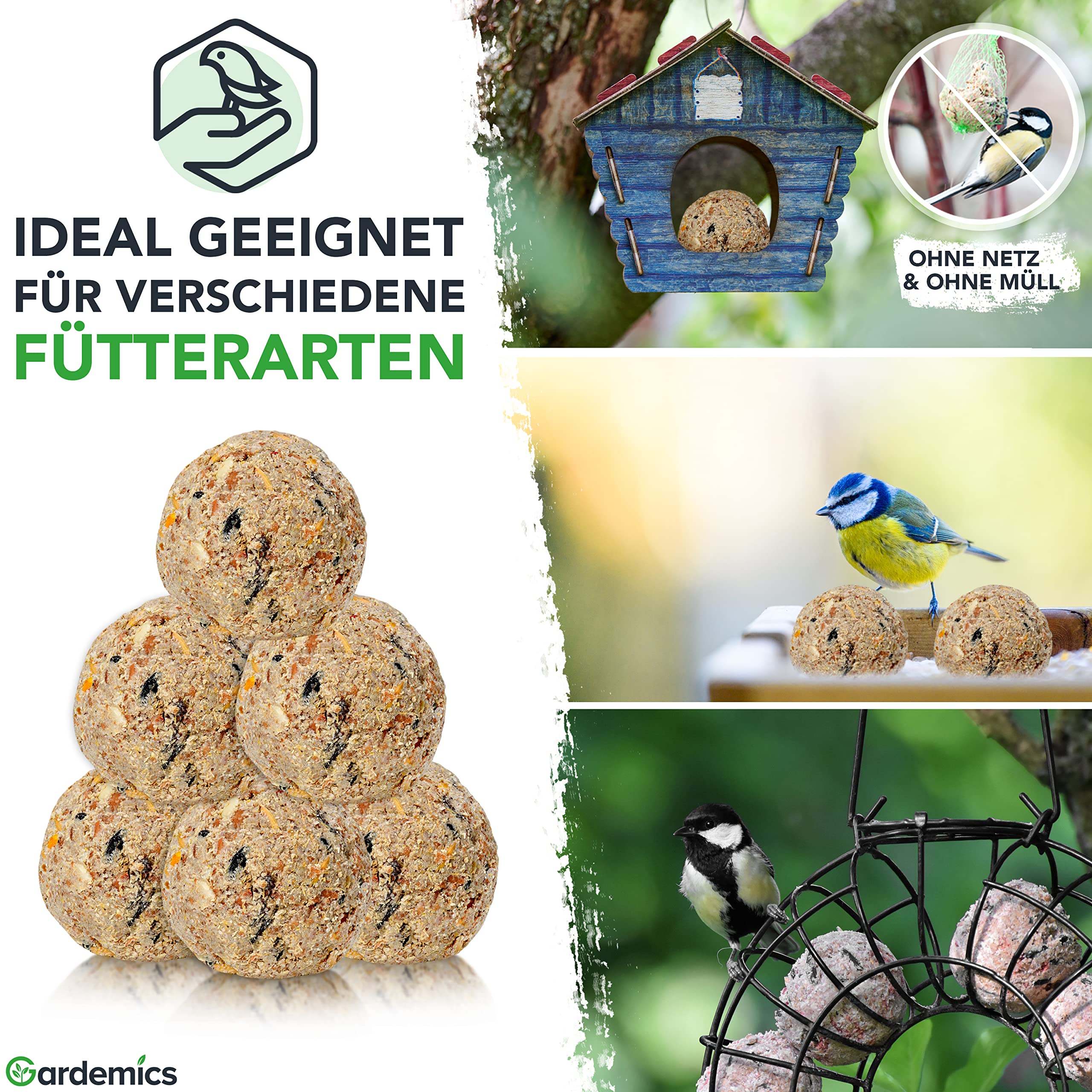 Gardemics Meisenknödel ohne Netz für Wildvögel, Vogelknödel [100 Stück] [9 kg] Wildvogelfutter für Artenvielfalt im Garten | Ganzjahresfutter