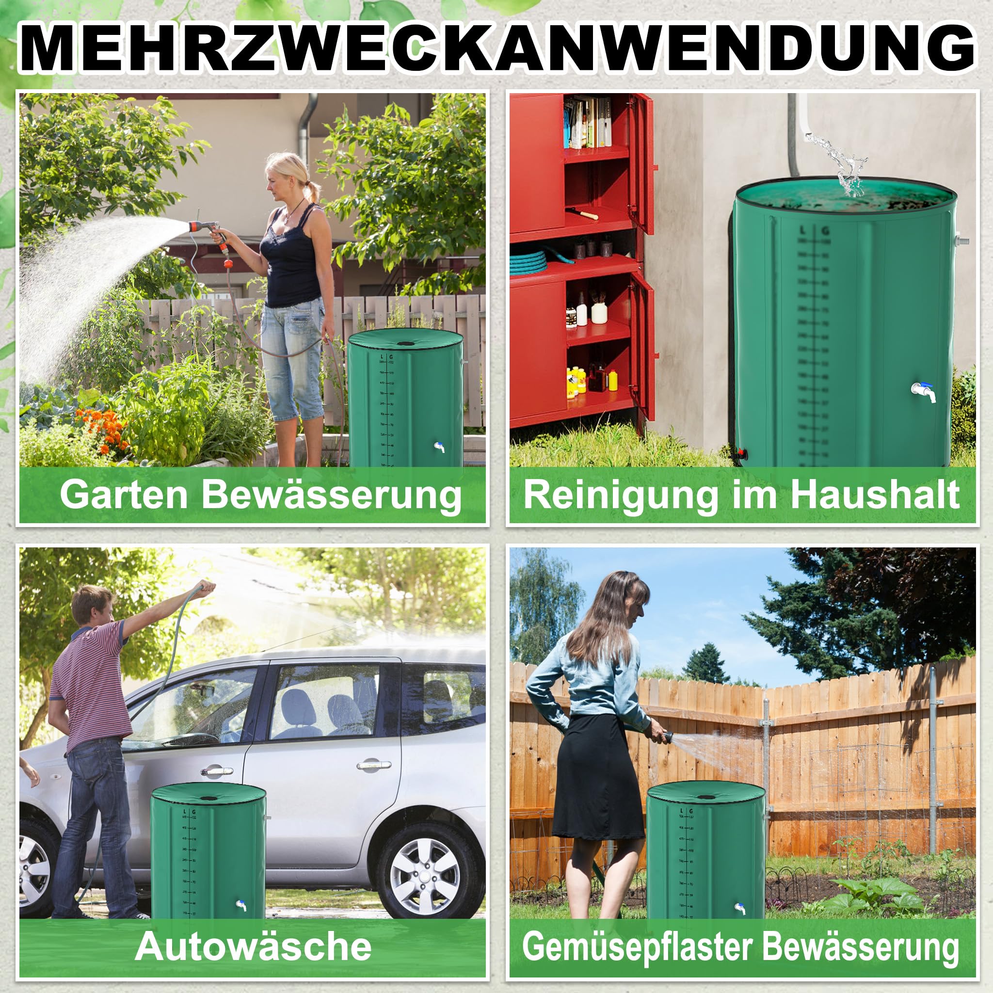 Froadp Pojemnik na deszczówkę 750 l, składany, z pokrywą i skalą, mata plandekowa, zbiornik na wodę do nawadniania ogrodu, do kąpieli lodowej, beczka na deszczówkę z zaworem spustowym (zielony)