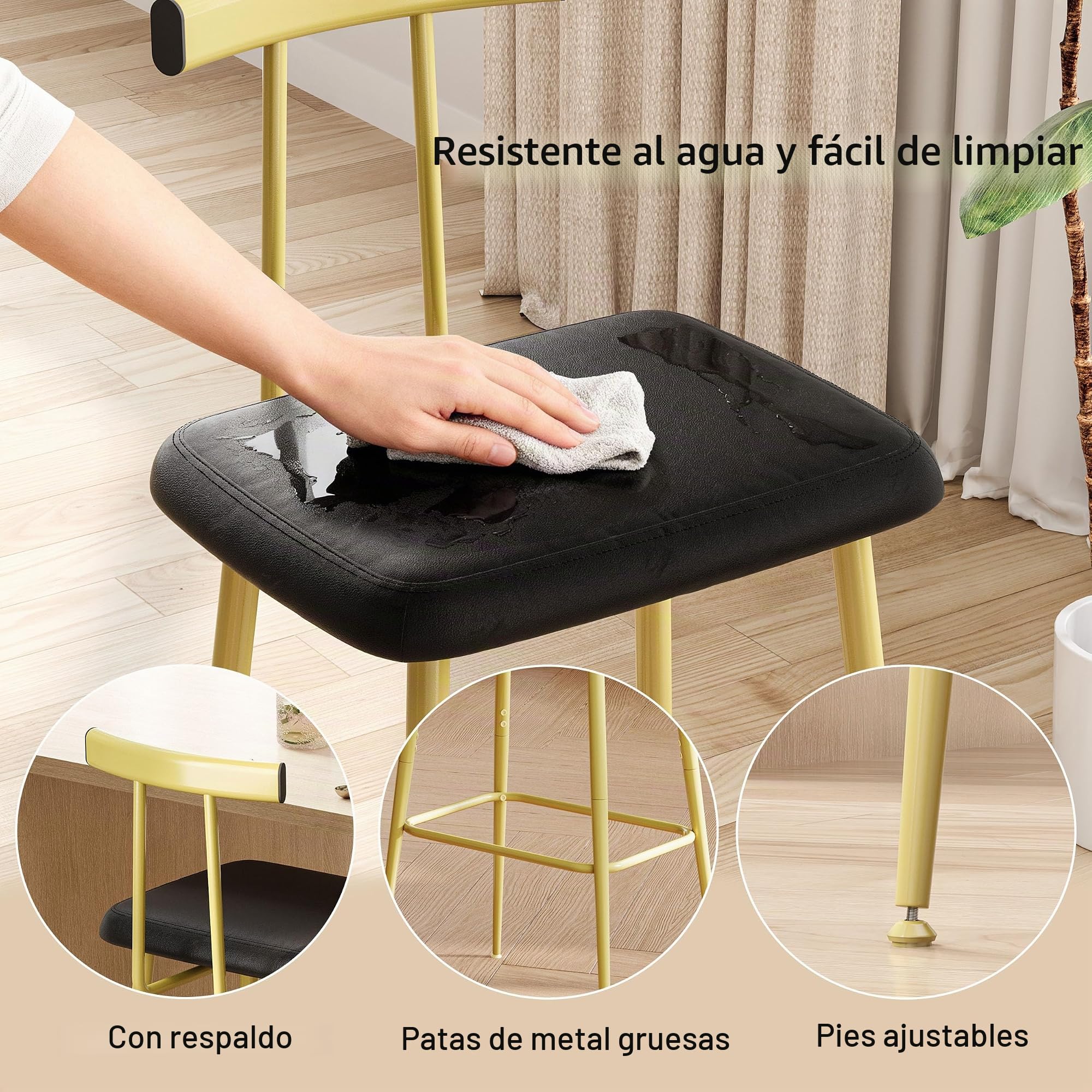 Taburetes Bar Juego de 2 Taburetes Altos Cocina Modernos con Respaldo y Reposapiés Base de Metal con Asiento Acolchado de PU para Isla Mostrador Restaurante y Bistro Dorada KBS515GC