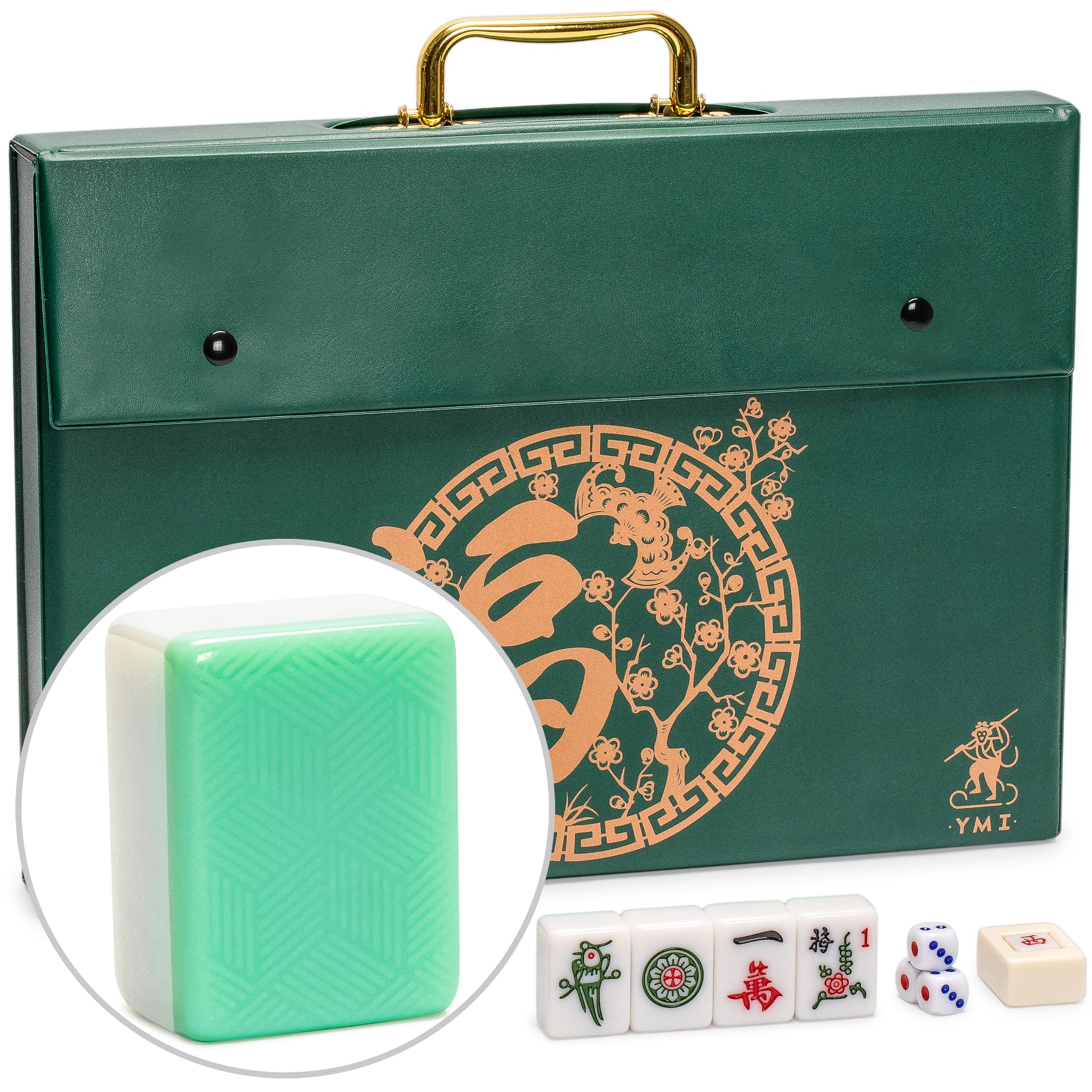 Yellow Mountain Imports Set Mahjong cinese "Emerald Weave" 146 piastrelle 40 mm custodia vinile
