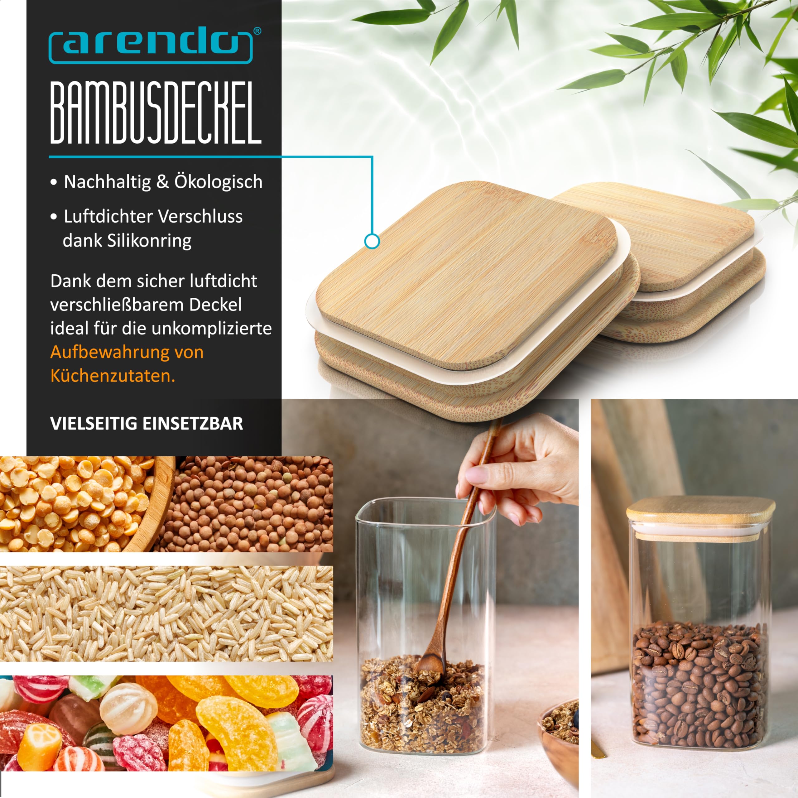 Arendo - Vorratsgläser mit Deckel 1650ml - 6er Set - Behälter aus Glas – hitzebeständig – Vorratsdosen mit Bambusdeckel - luftdicht - für Müsli Zucker Mehl Kaffee Reis
