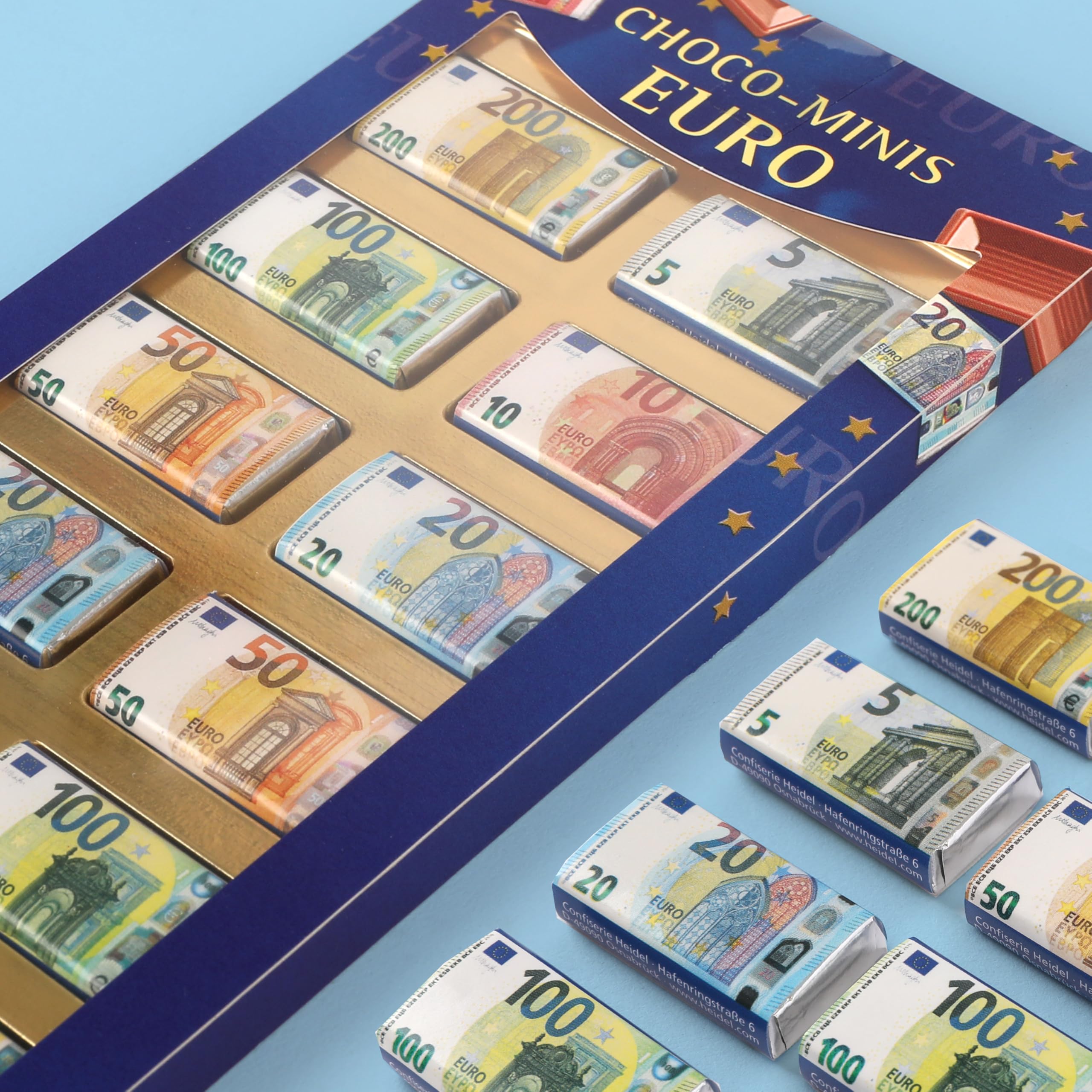 Minis Chocolat Euro en Chocolat HEIDEL Conffiserie - Coffret présent original 36 g chocolat-au-lait - Pour cadeaux en argent - Chocolats a offrir a occasions spéciales - 5 à 200 en billets d'euros
