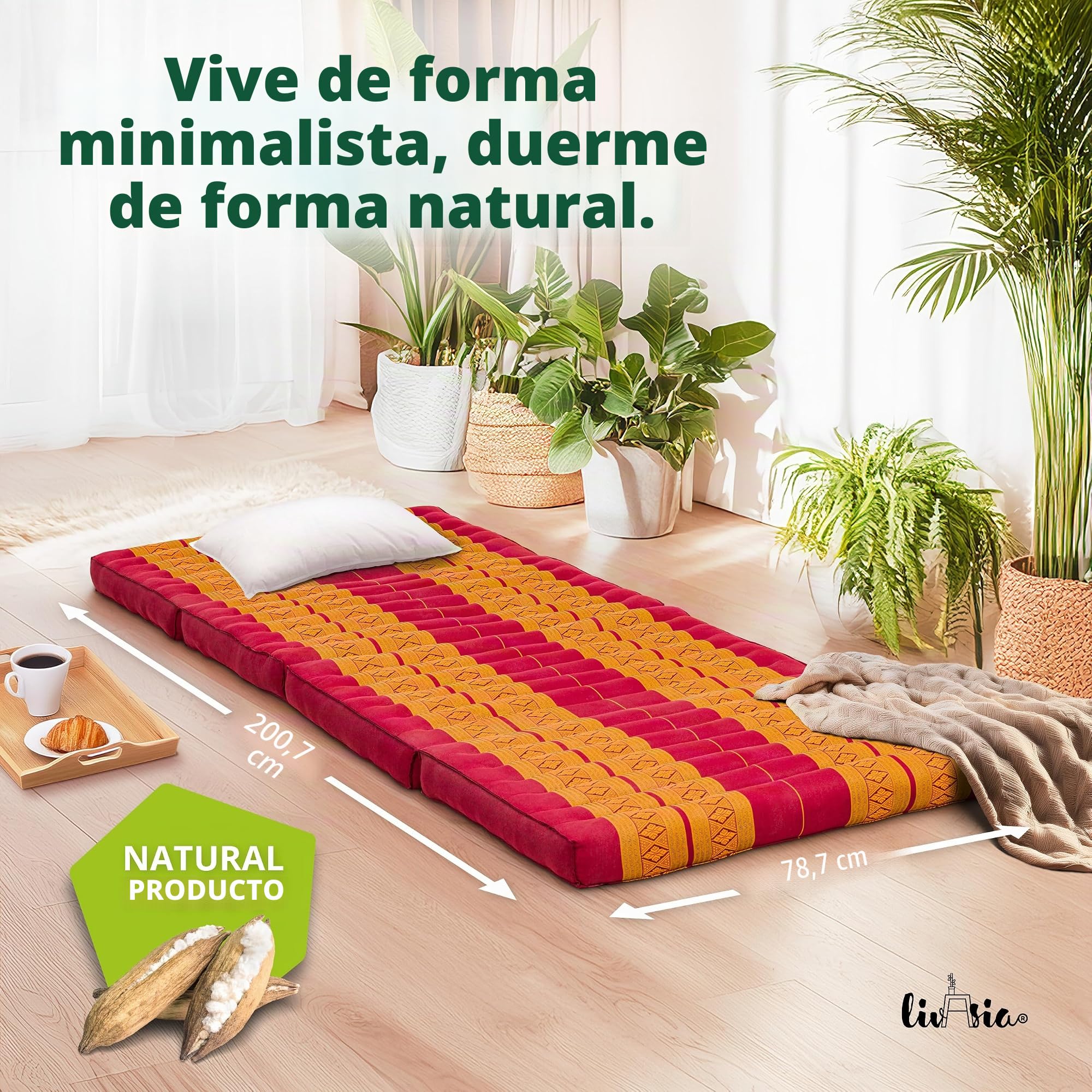 livasia Colchón Plegable sostenible de kapok - 200x80x8cm - Colchón de Invitados, Cama Plegable Furgoneta, Esterilla ecológica Yoga, Cama Invitados Plegable, Jardín y balcón (Rojo/Amarillo)