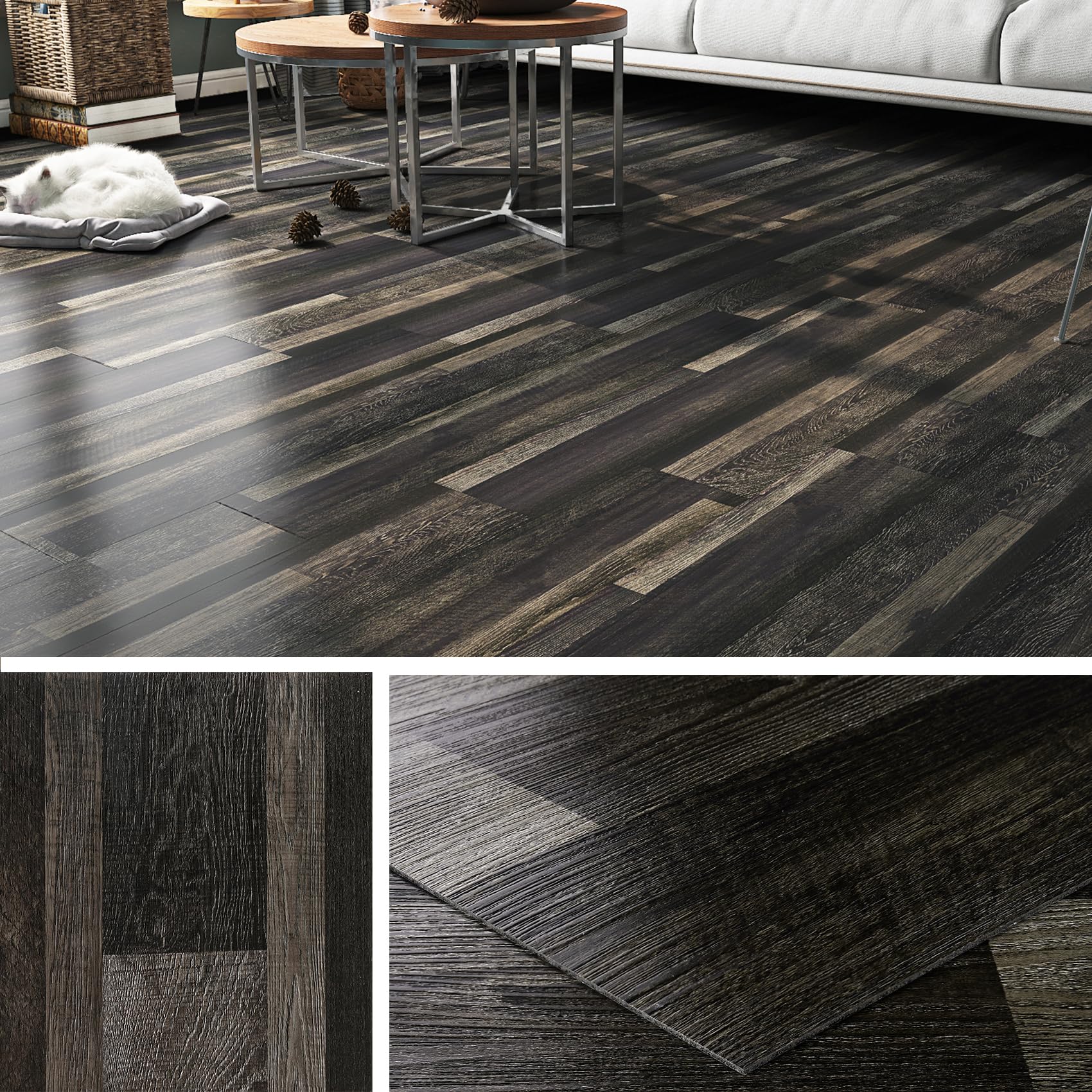 Livelynine Pavimento PVC Adesivo Effetto Legno Nero Retro 90x15CM Piastrelle Adesive Pavimento Effetto Legno Scuro Antiscivolo Linoleum Pavimenti Nero PVC Adesivo Pavimenti Bagno Camera Letto 18-Pezzi
