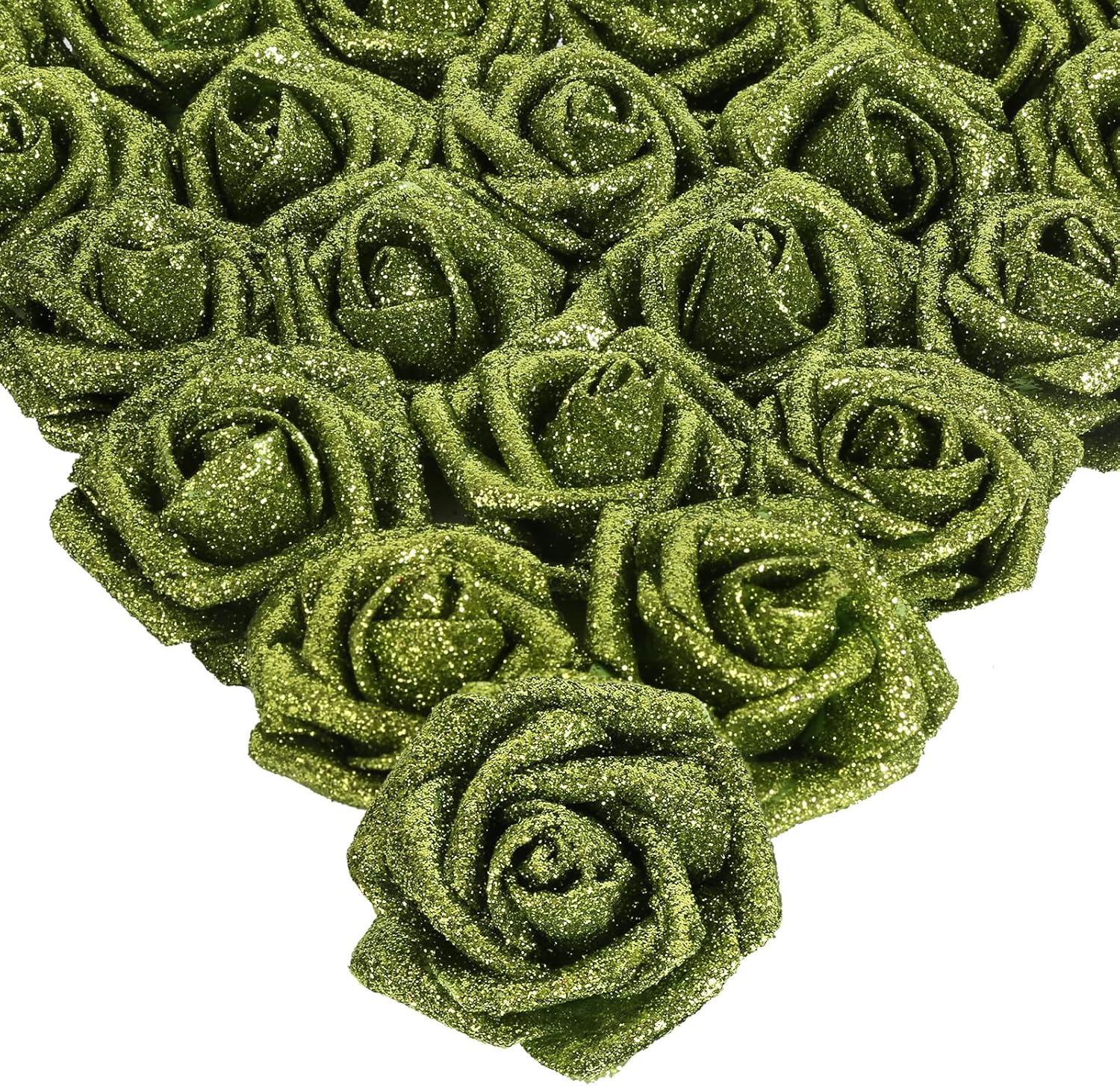 IPOPU Glitter Flowers, 25pcs Glitter Roses Green Foam