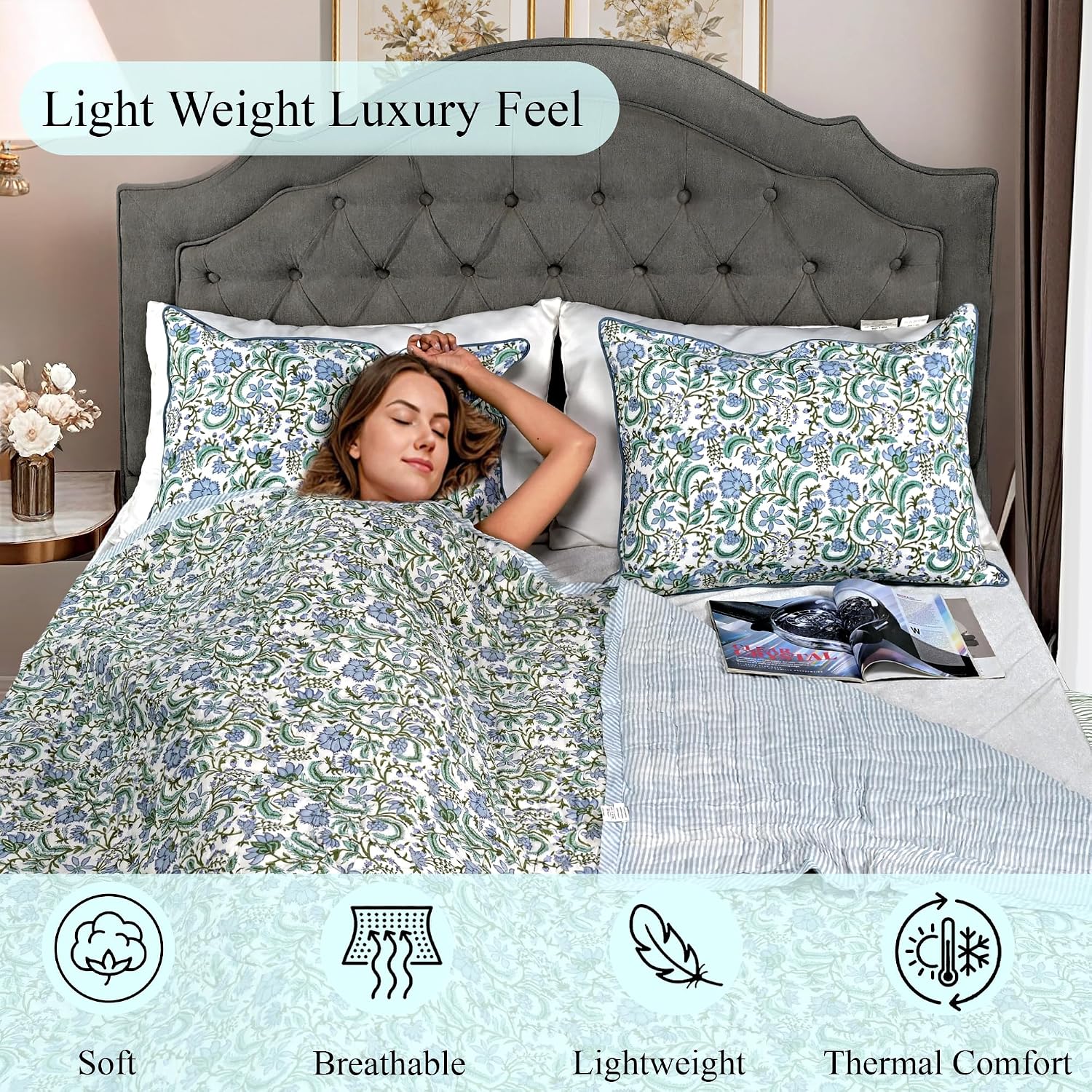 Ridhi Block Print Reversible Cozy Quilt Columbia Blue Twin 60" X 90" Lightweight Blanket for Sofa, Couch, Bed Soft Breathable Comforter Handmade Bedspread Duvet for Farmhouse, Home, Winter