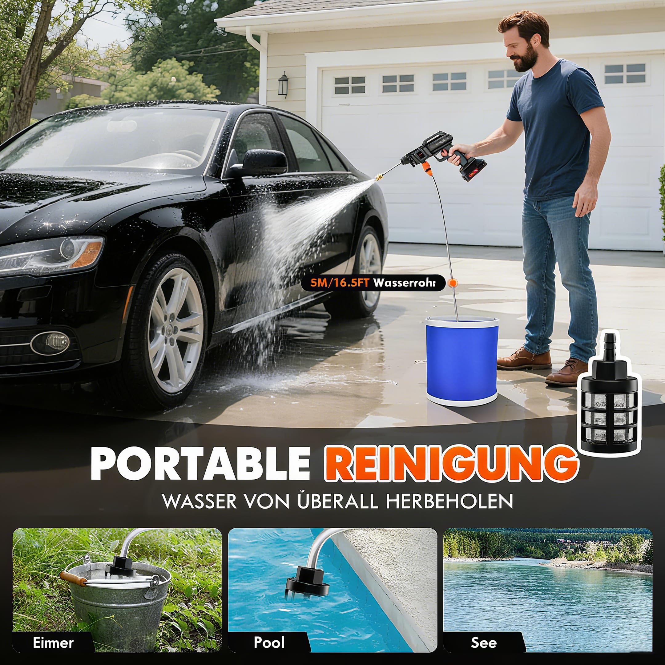 Nettoyeur Haute Pression sans Fil, 21V 1500W Batterie Rechargeable, Nettoyeur Portable avec Tuyau 5M & 2 Buses, Laveur Haute Pression pour Voiture, Jardin, Terrasse, avec Seau