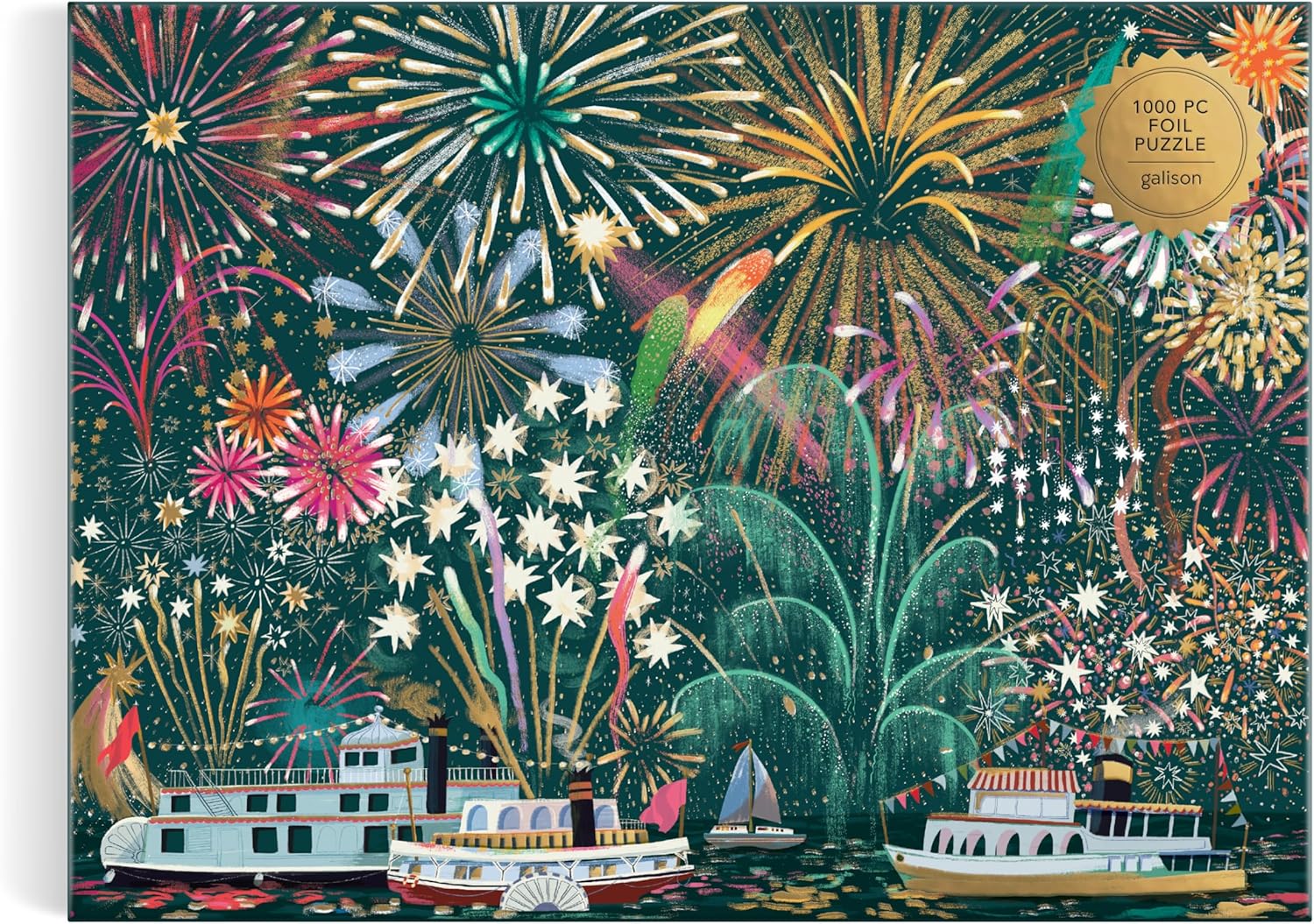 Galison Fireworks Jubilee – 1000 Piece Foil Jigsaw Puzzle Featuring Beautiful Artwork of Fireworks Overlooking Boats On The Water