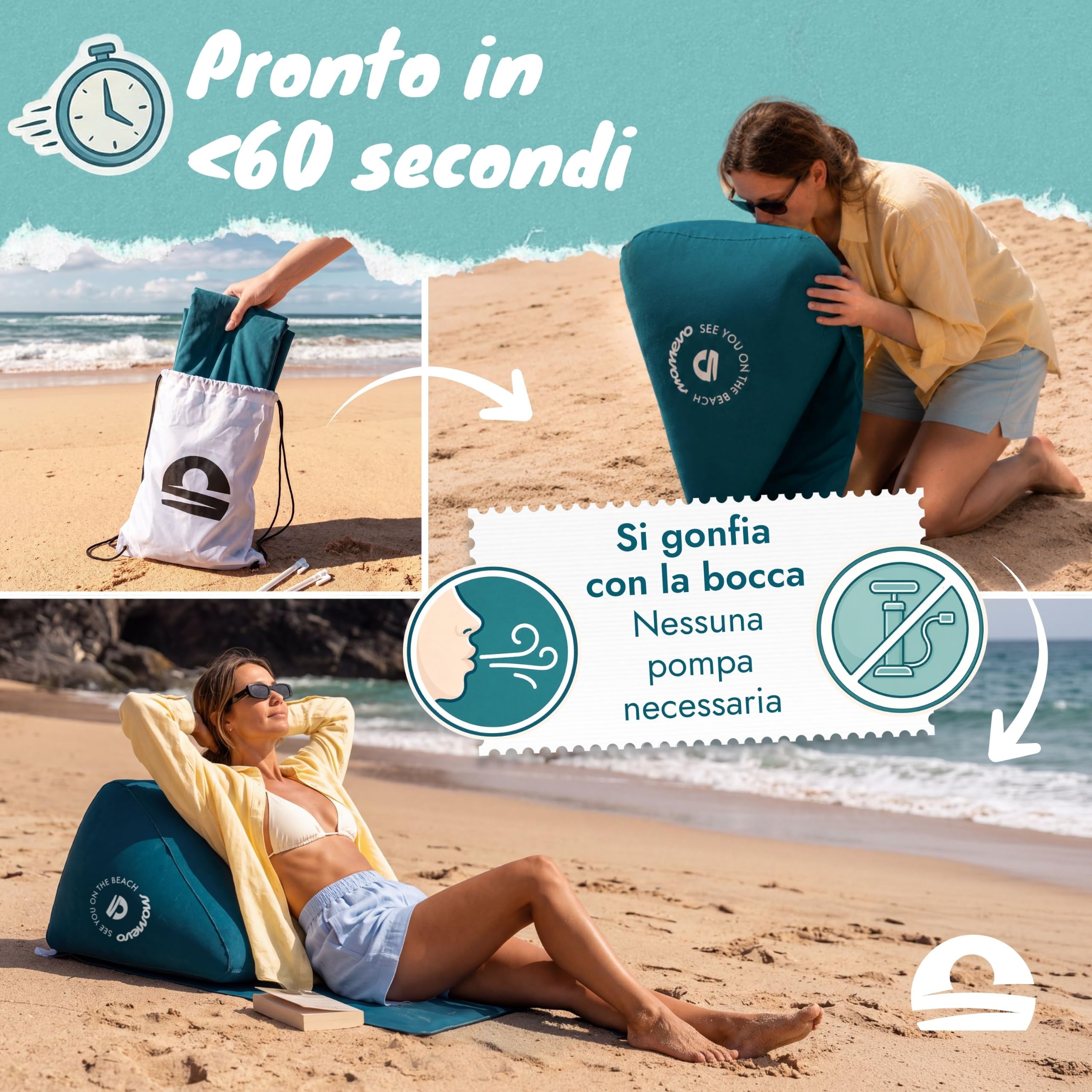Airlounge Poltrona Spiaggia Gonfiabile, Blu Petrolio | Schienale gonfiabile per spiaggia, leggero e compatto, ideale per relax e viaggio