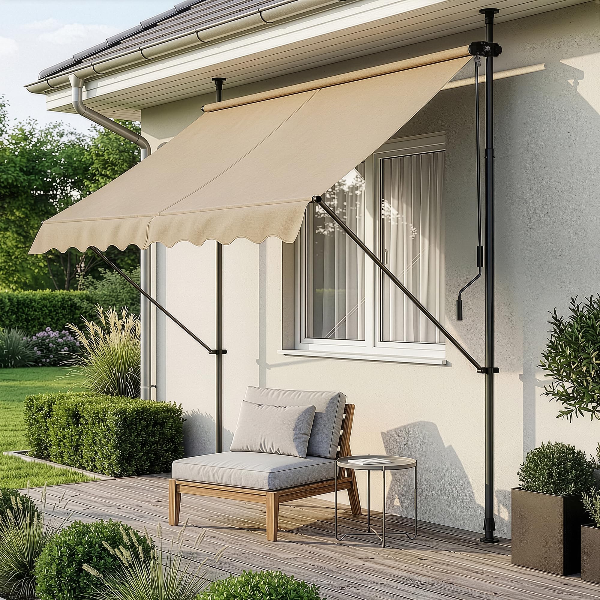 pro.​tec Toldo Retráctil Stem Toldos Exterior Terraza Balcón Ajustable en Altura Manual Resistente Protector de Sol Sin Taladrar Acero/​Poliéster 150 x 120 x 220-​309 cm - Color Arena