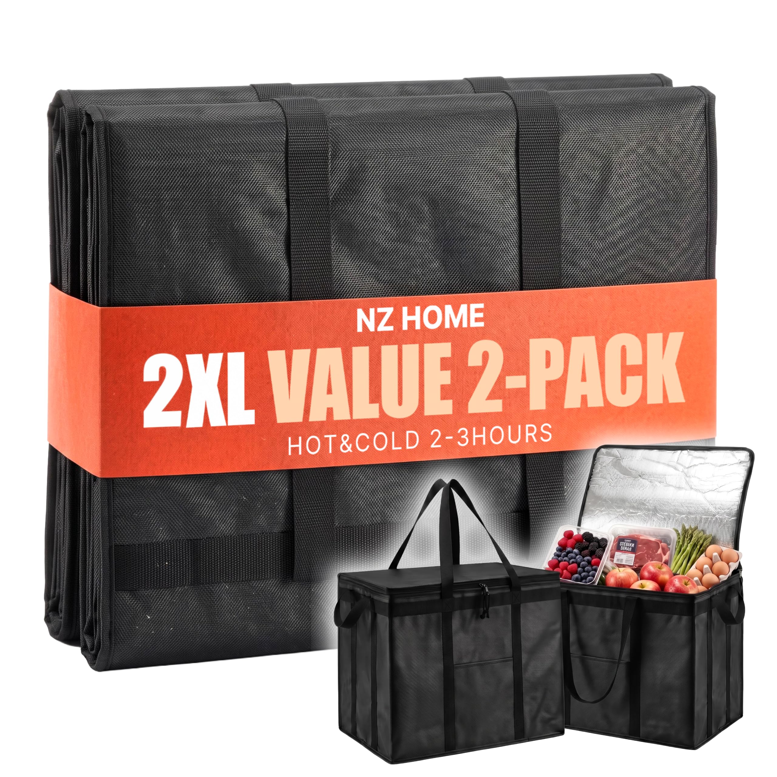 NZ home Insulated Food Bag, Portable Cooler Tote (2XL, Black, 2 Pack)