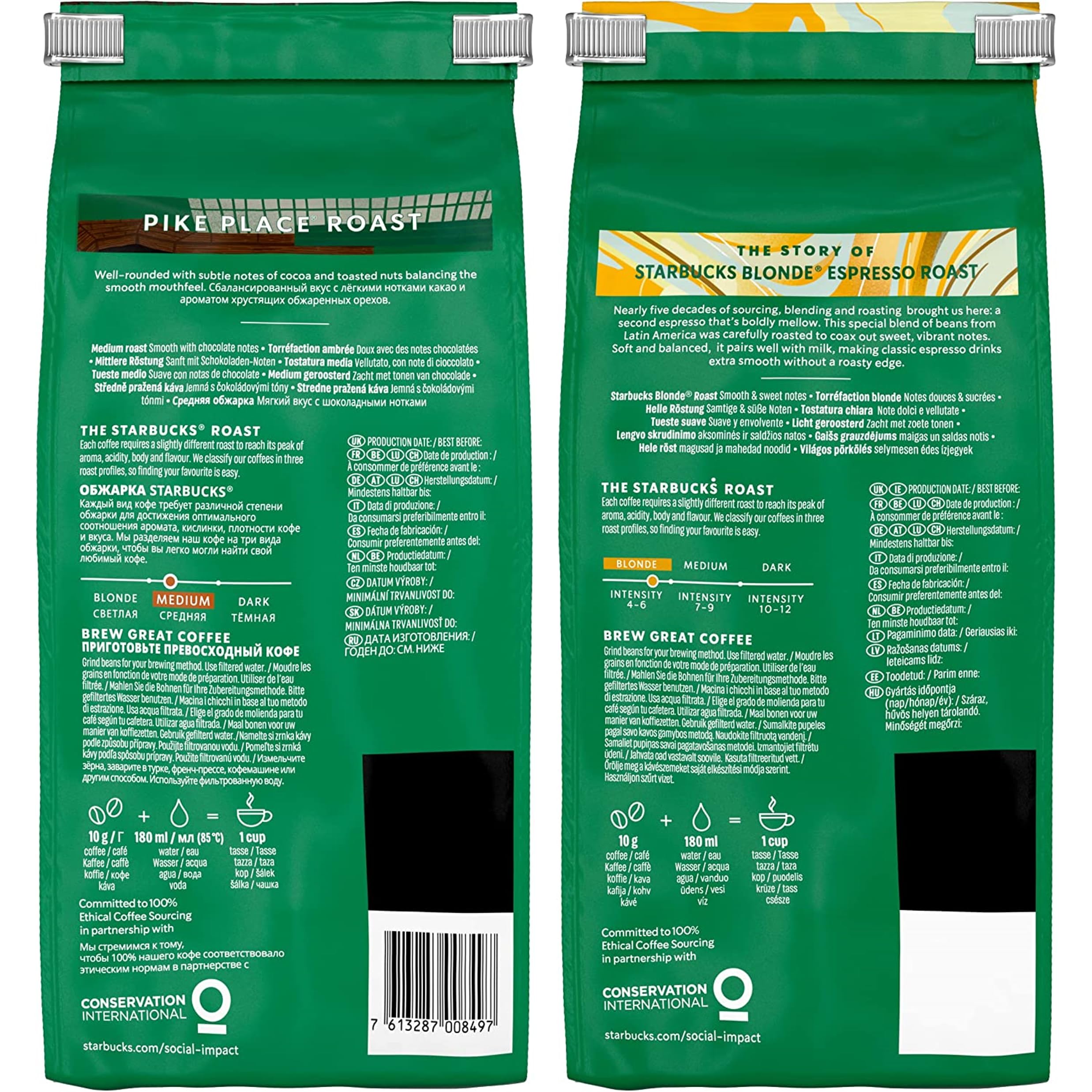 STARBUCKS Pike Place Roast, Blonde Espresso Roast Café De Grano Entero 450g (Paquete de 4)