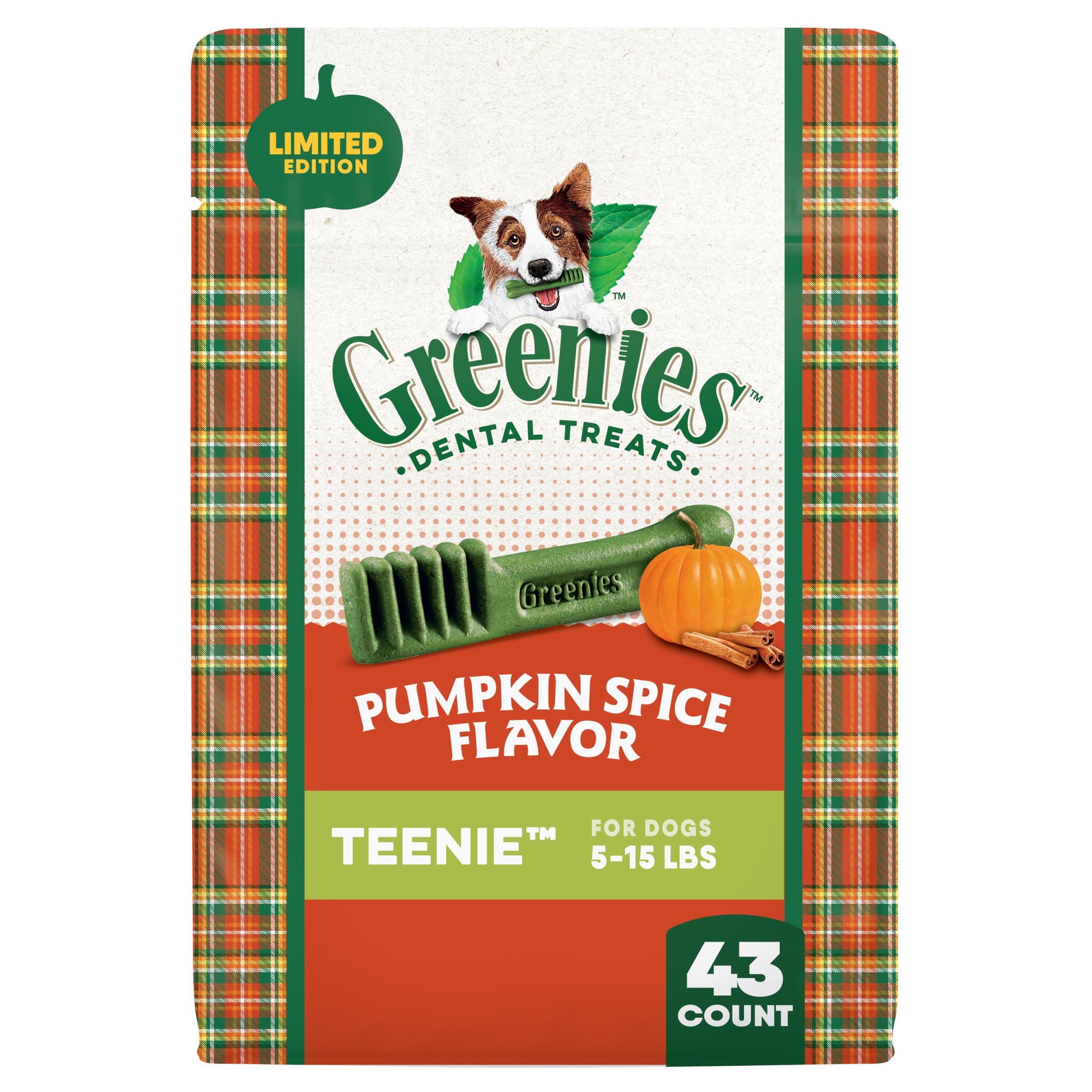 Greenies Veterinarian-Recommended, Limited-Edition Natural Dental Dog Treats Teenie Size, Pumpkin Spice Flavor, 12 oz. Pack, 43 Count