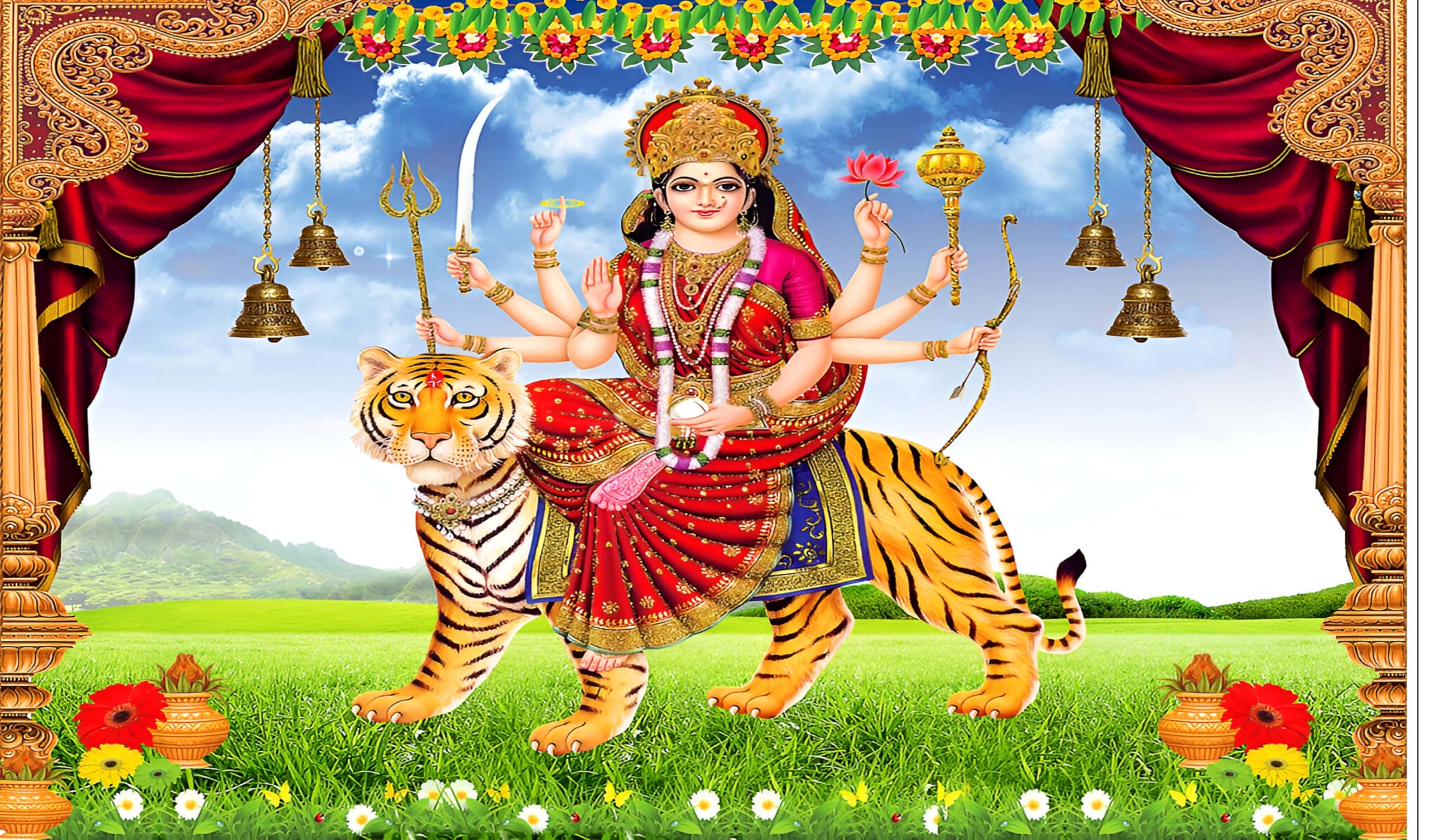 Godess MAA Durga Sherawali MATA Design Backdrop Cloth for Pooja Decoration Traditional/Background Curtain for Festival Fabric Size 5Feet Height and 8Feet Width(5 * 8)-picture-19