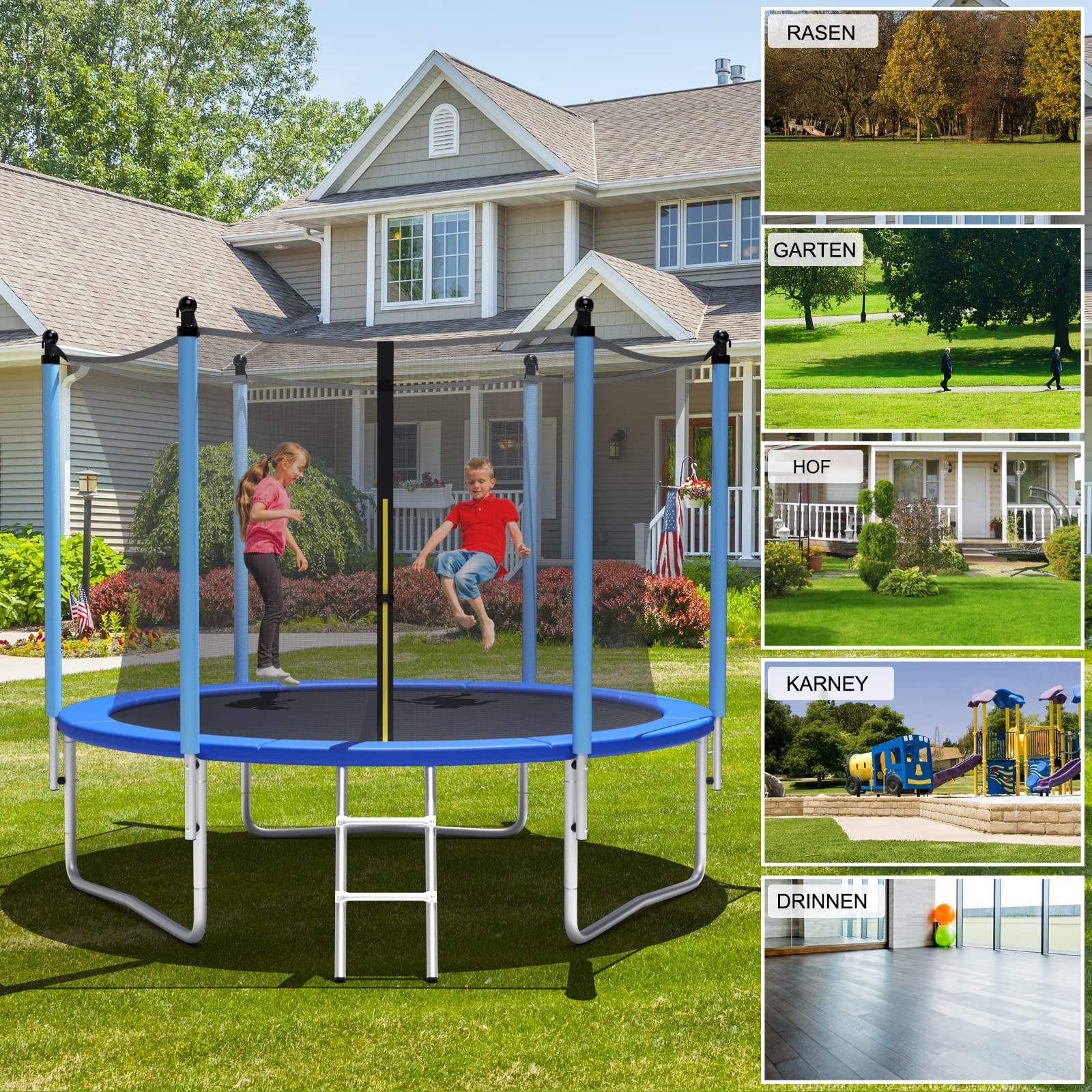 COSTWAY Ø 244/305/366/427cm Trampolin Outdoor, Gartentrampolin GS Zertifiziert, Kindertrampolin mit Leiter, Sicherheitsnetz & Randabdeckung, Trampolin Komplettset für Garten, Outdoor