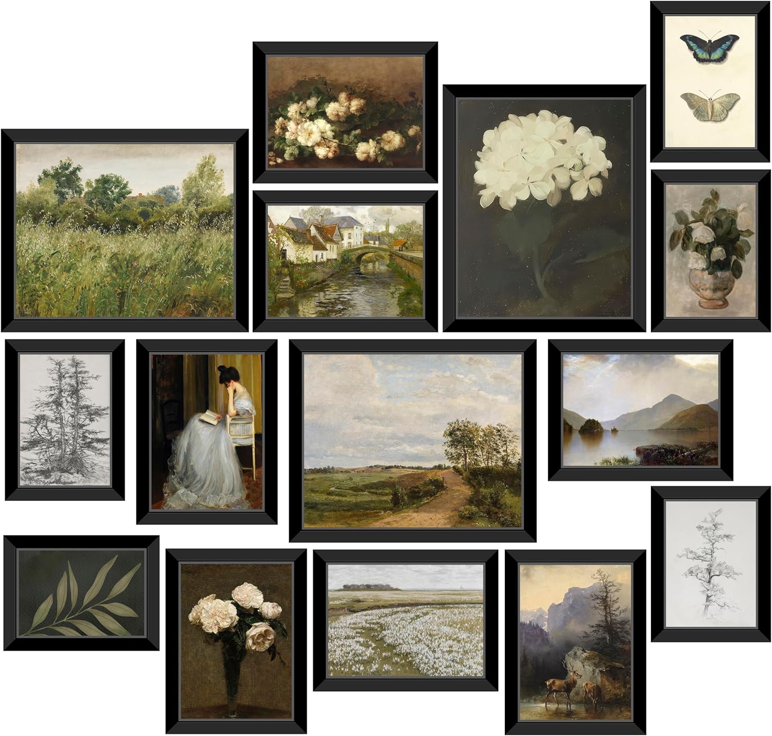 LANCHI95 15 Pcs Vintage Wall Art Decor Framed, Vintage Posters for Room, Vintage Art Prints, Moody gallery wall art, Wall Print for Bedroom, Moody Wall Decor, French Country Decor (FRAMED)