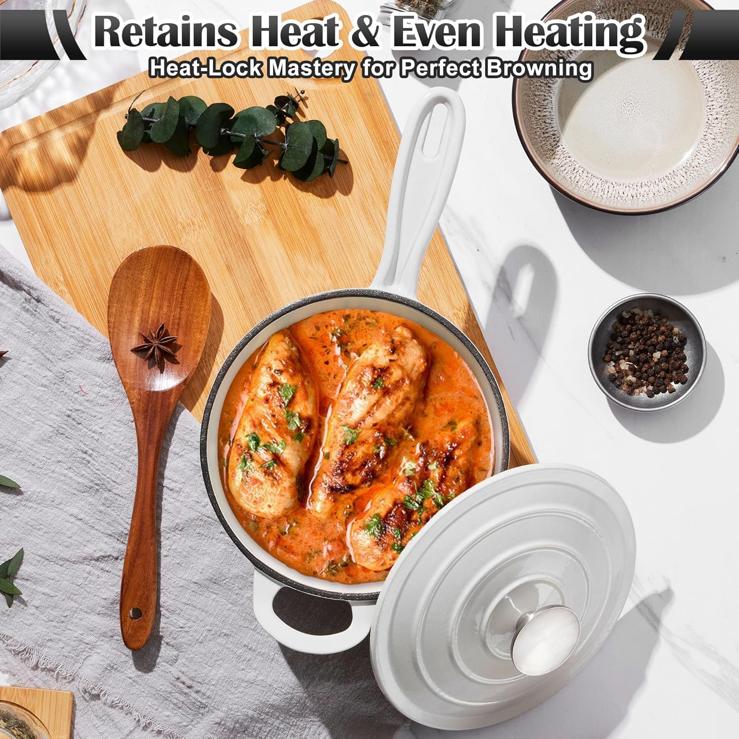 E-far Sauce Pan Set with Lid, 1Qt & 2Qt Enameled Cast Iron Pot Sets for Kitchen Cooking, Small Heavy Duty Dutch Oven Saucepans & Self-basting Lids, Induction-Ready & Easy Clean, White