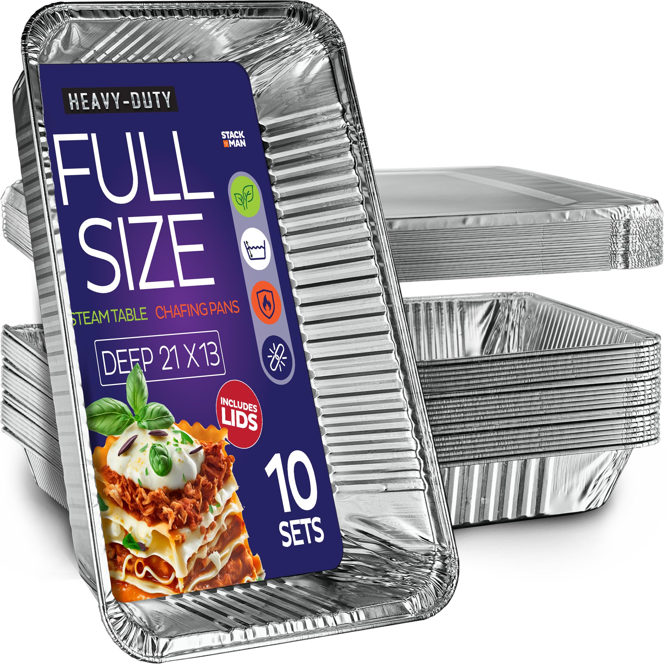 Full Size Large Aluminum Pans with Lids, Disposable Foil 21x13 Deep [10