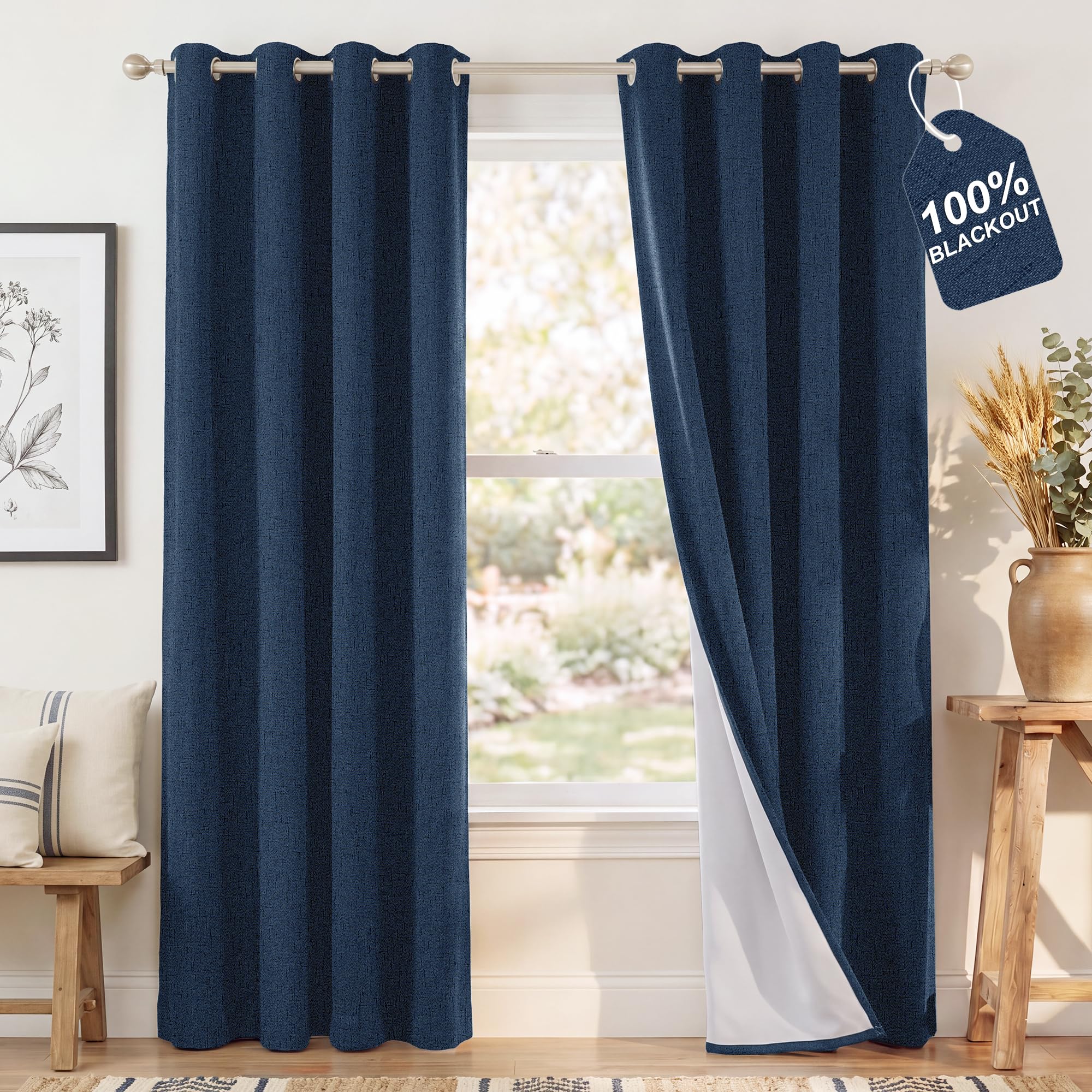 NICETOWN Navy Blue 100% Blackout Curtains for Living Room W52xL84