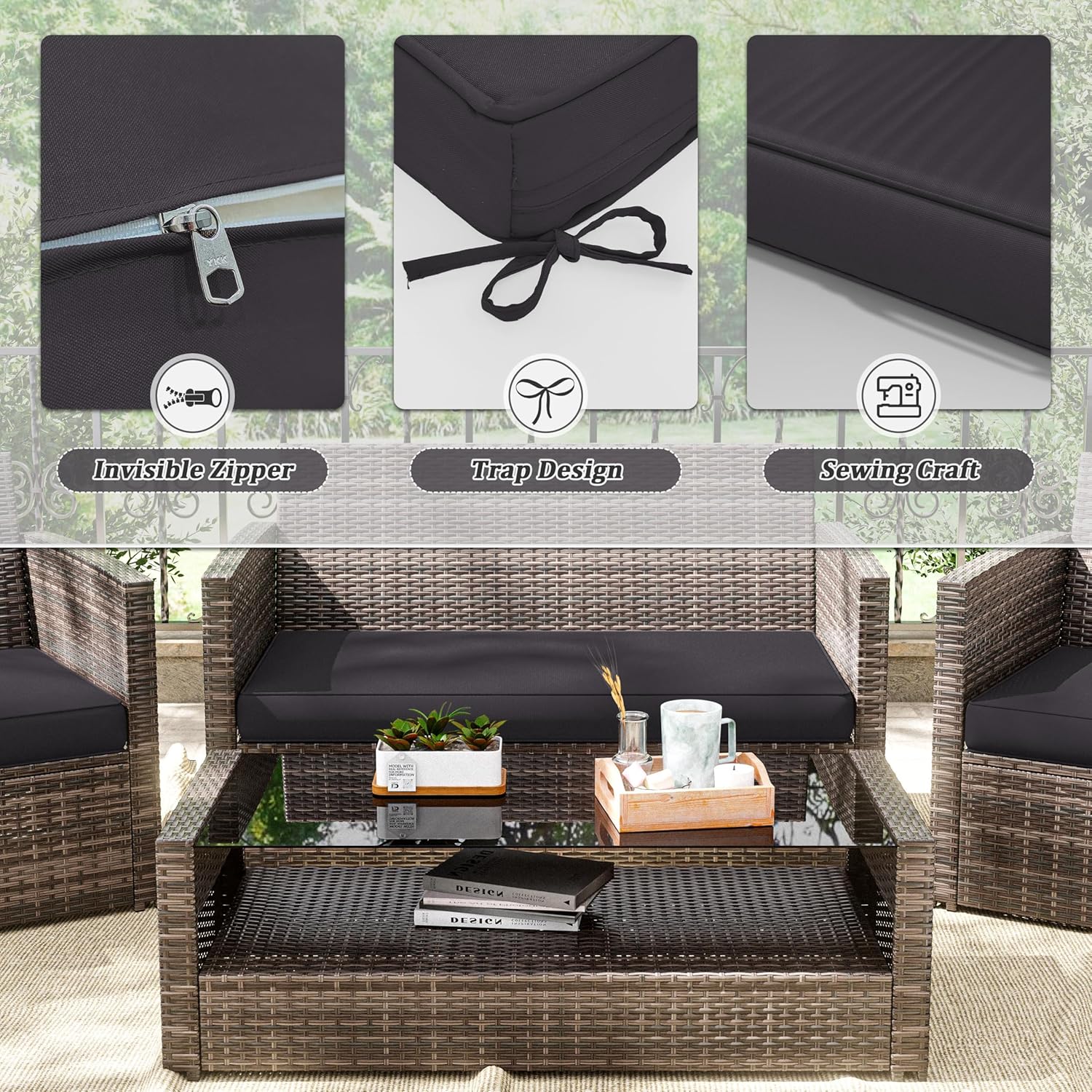 3 Pcs Outdoor Cushion Covers, Patio Cushion Covers Replacement Fit for 4-Seater Wicker Rattan Patio Set Chair Couch,36×18×2,18×18×2, Covers Only, Grey