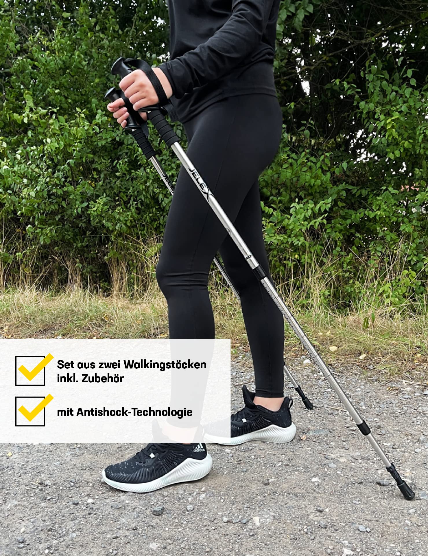 JELEX Nature kijki teleskopowe do nordic walking, regulowane, w zestawie różne nasadki do aktywności na świeżym powietrzu, ultralekkie kijki trekkingowe z technologią Antishock (srebrne)