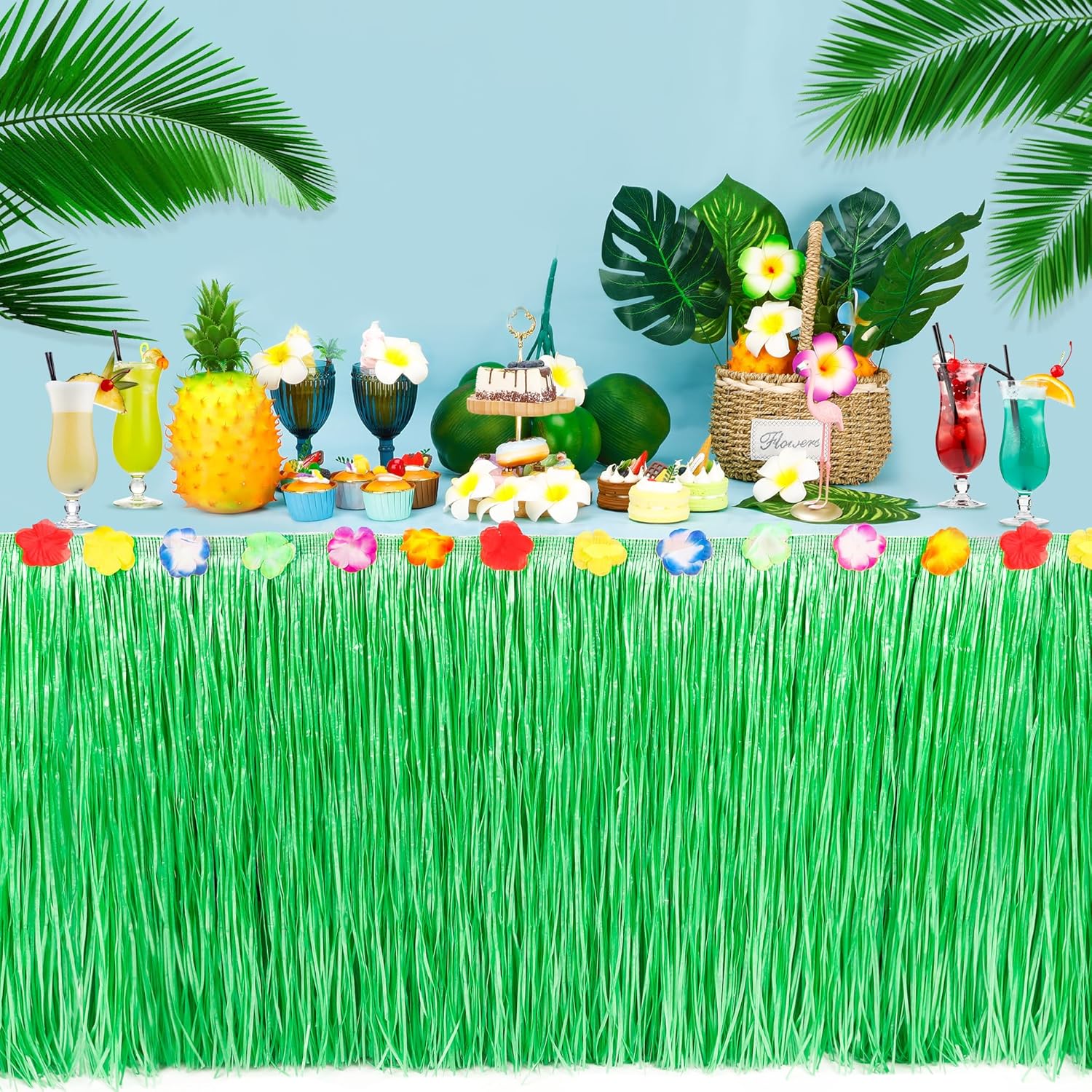Hawaiian Party Table Decorations, 1PCS Green Luau Party Table Skirt Decorations, 108 X 29.5" Grass Skirts Luau Party Favors, Luau Table Skirt for Summer Tropical Hula Parties Decor Accessories - Image 4