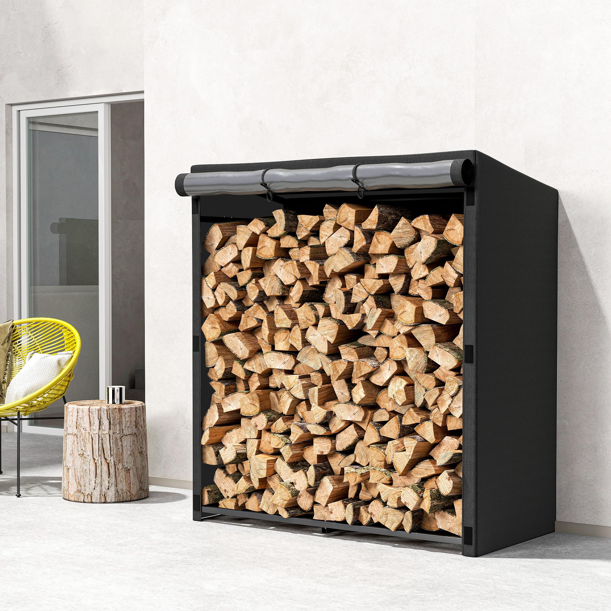 Outsunny Estante de Leña Metálico, Carga 300 kg, Leñero Exterior con Cubierta Impermeable 600D Oxford, Marco de Acero, Soporte para Leña de Chimenea, para Jardín, Terraza, 140x70x154 cm