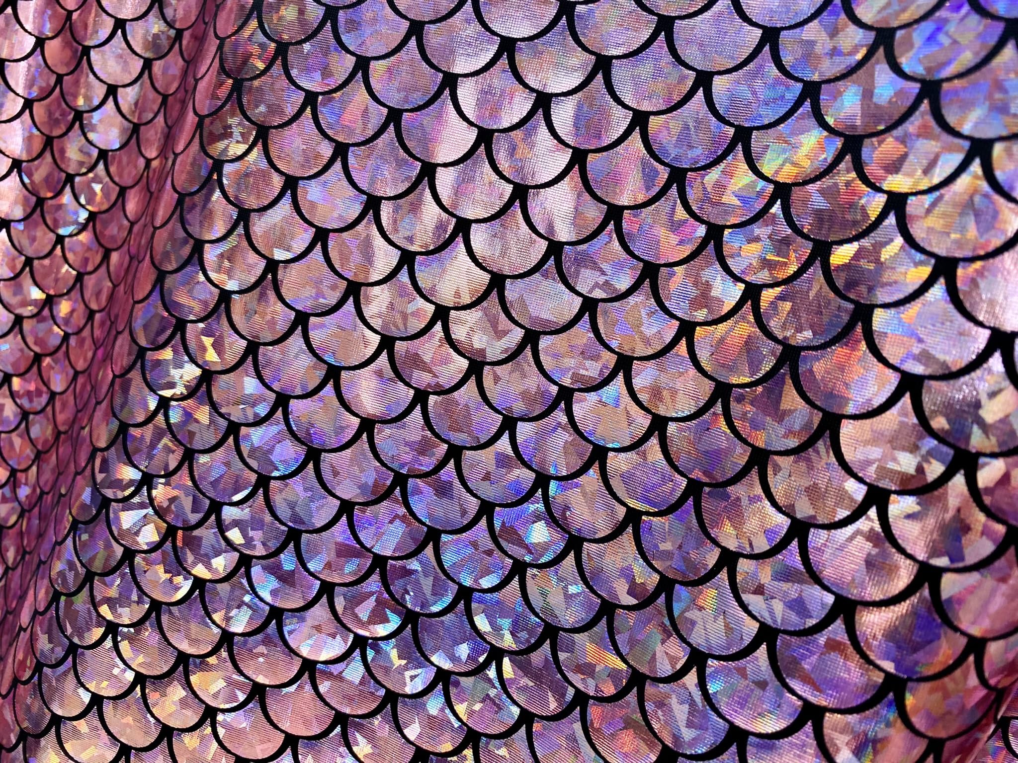Mermaid Scale Fabric Fish Tale Foil Iridescent Stretch Spandex Material - 150cm Wide Baby Pink on Black (Per Metre)