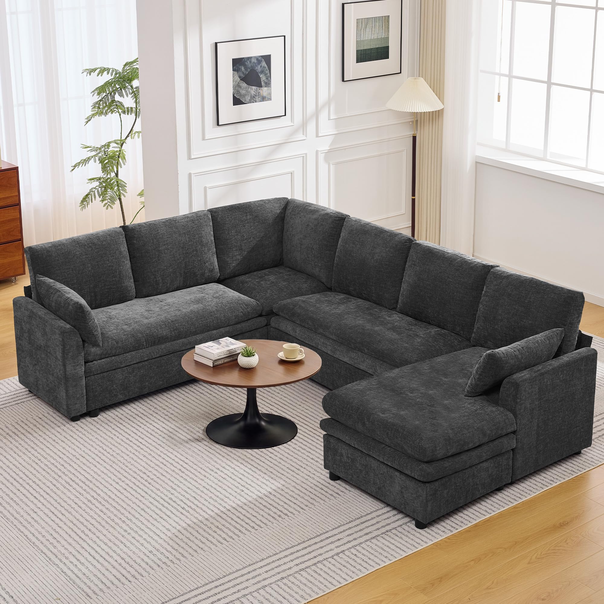 110" Sectional Couches with Right Chaise, Comfy Deep Dual-Layer Cushion Couch, 7 Seater U Shaped Couch, Modern Modular Sofa, Chenille Sofas for Living Room, Apartment, Grey