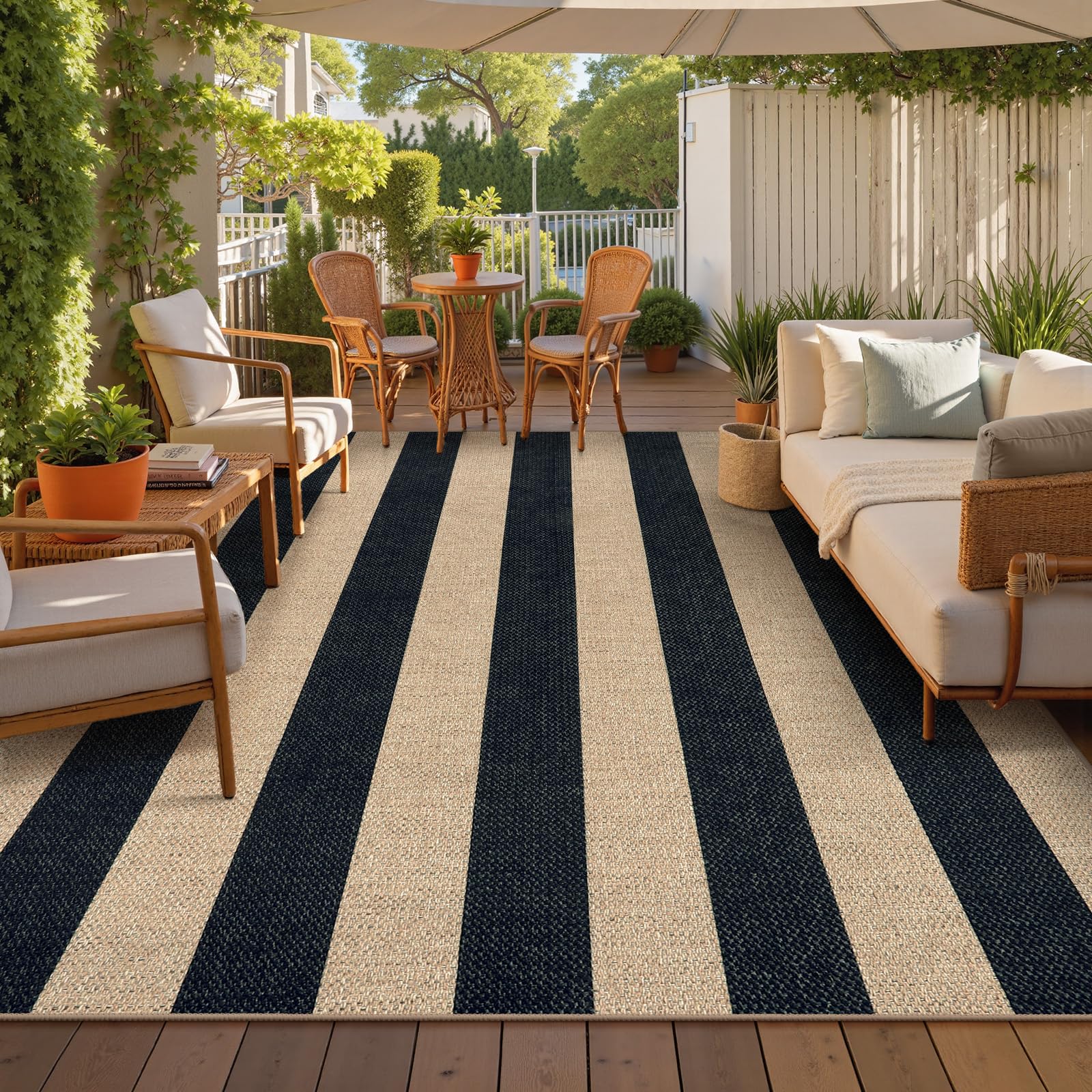 Lahome Striped Easy Jute Outdoor Rug, Washable Rugs 8x10 for Living Room Patio Indoor Outdoor Black Carpet, Farmhouse Neutral Non Slip Non Shedding