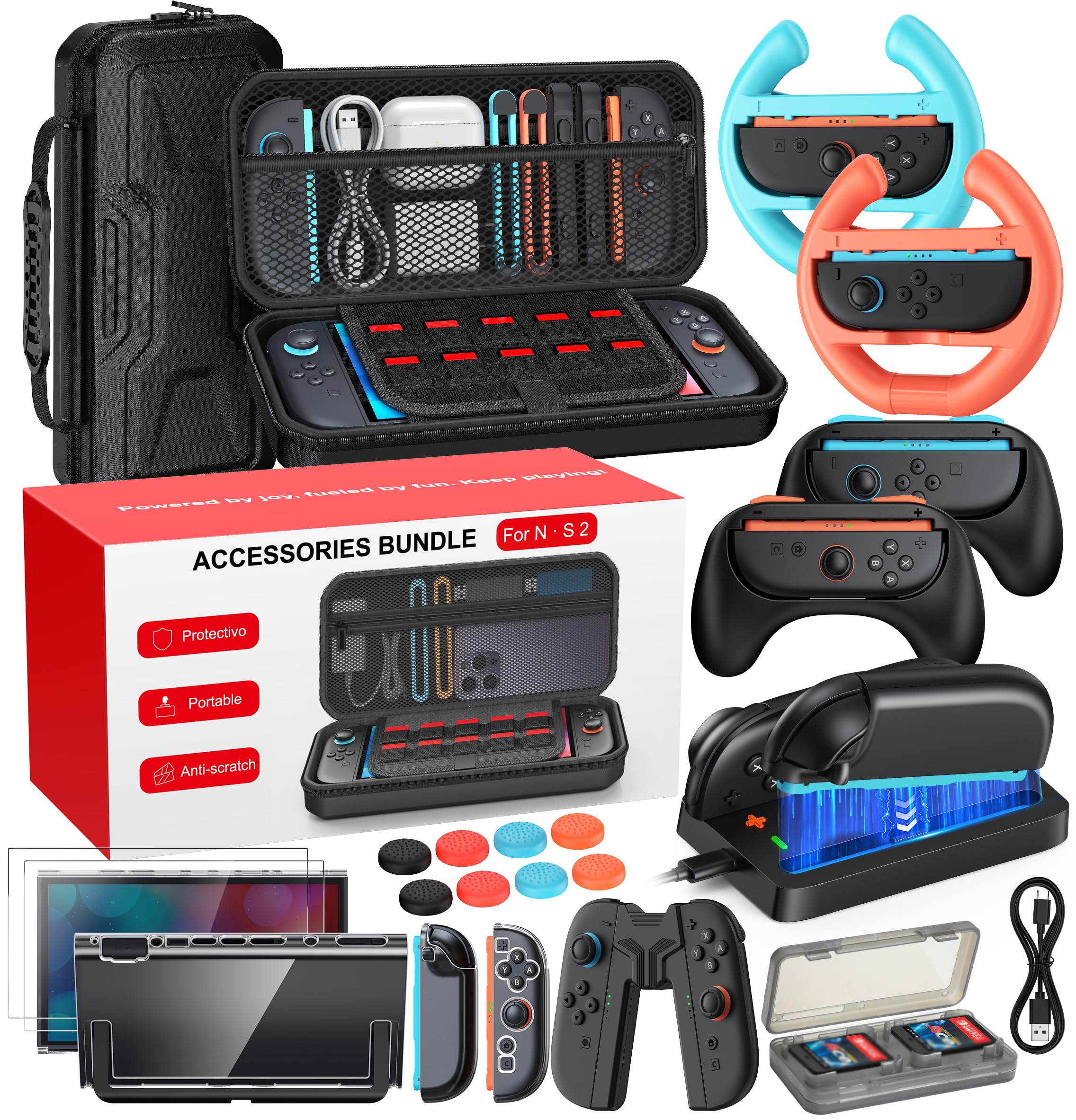 Switch 2 Zubehör, Unverzichtbares Zubehörpaket, 20-IN-1-Spieleset Bundle,Reisetasche,Switch 2 Controller Ladestation,Displayschutzfolie,Schutzhülle,Lenkräder,Griffe für Joy Con 2 (Schwarz)