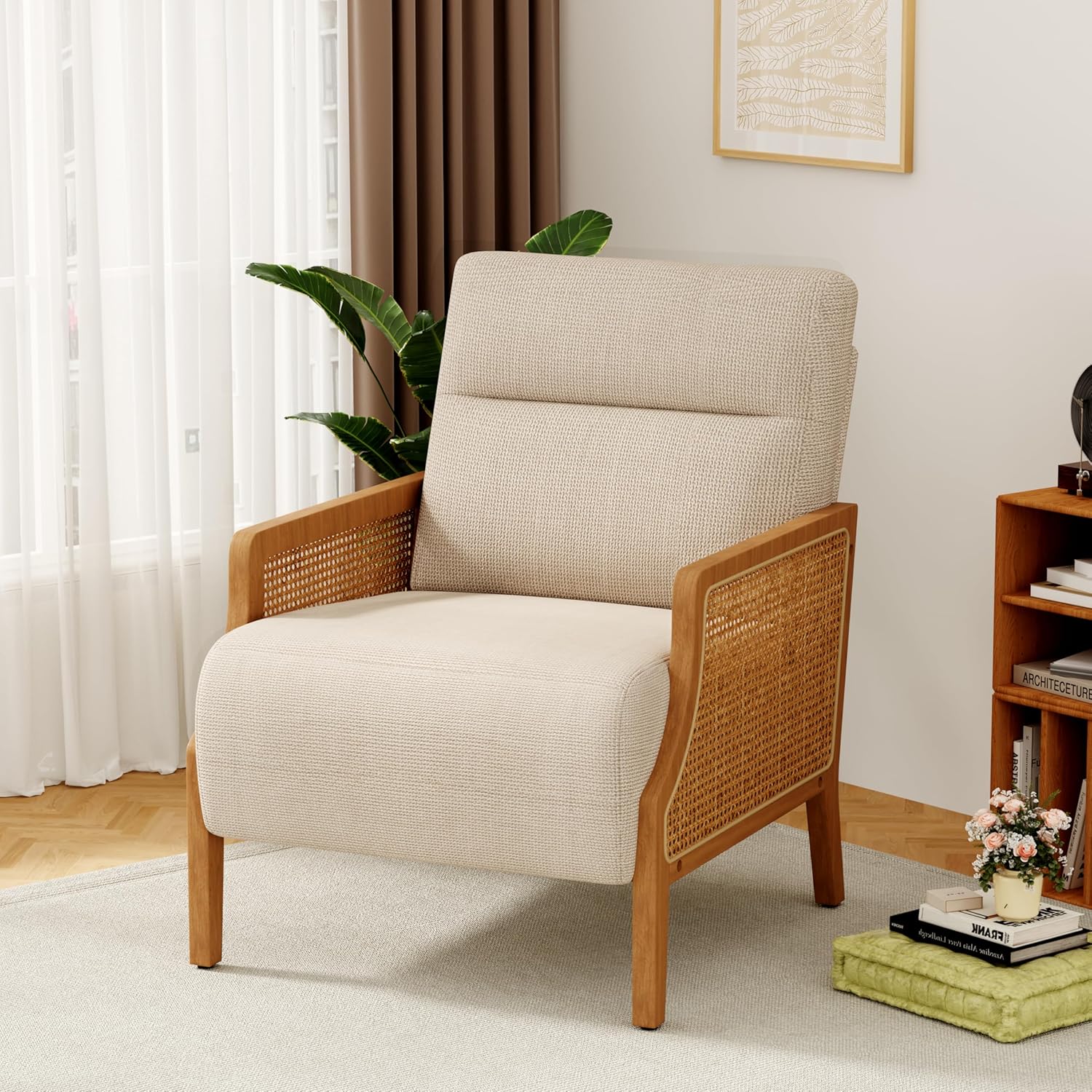 WENTMENT Modern Accent Chair, Armchair with Natural Rattan Armrest, Upholstered Living Room Chair Comfy Single Sofa Chair for Hosting Room/Bedroom,White