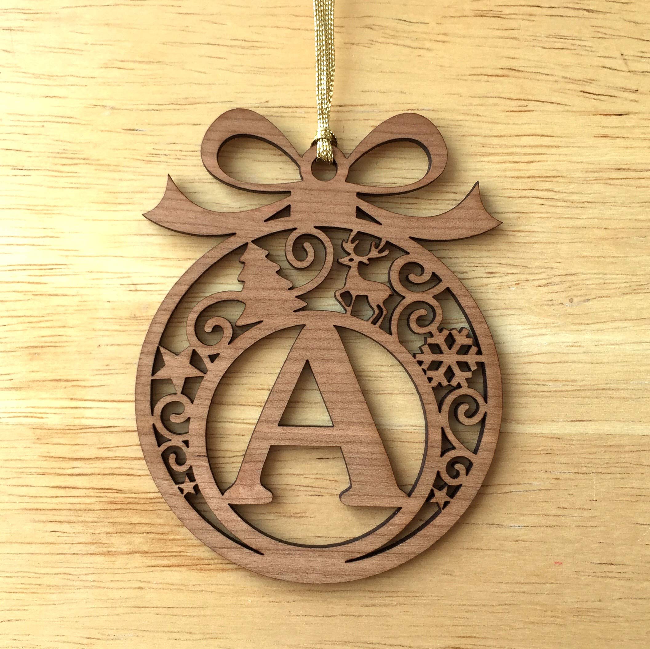 Personalised Christmas tree bauble decoration pendant ornament: Letter A, Natural Wood, Small - Image 3